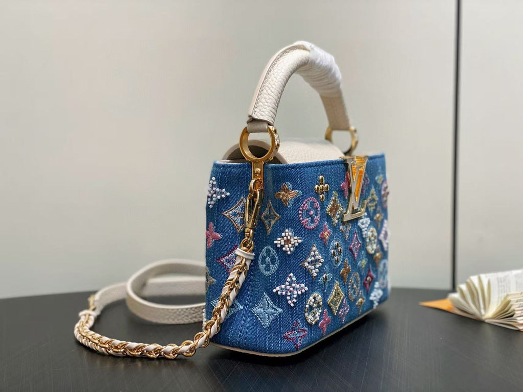 LV CAPUCINES BAG 21 PINIC IN COLORFUL DENIM GOLD HARDWARE