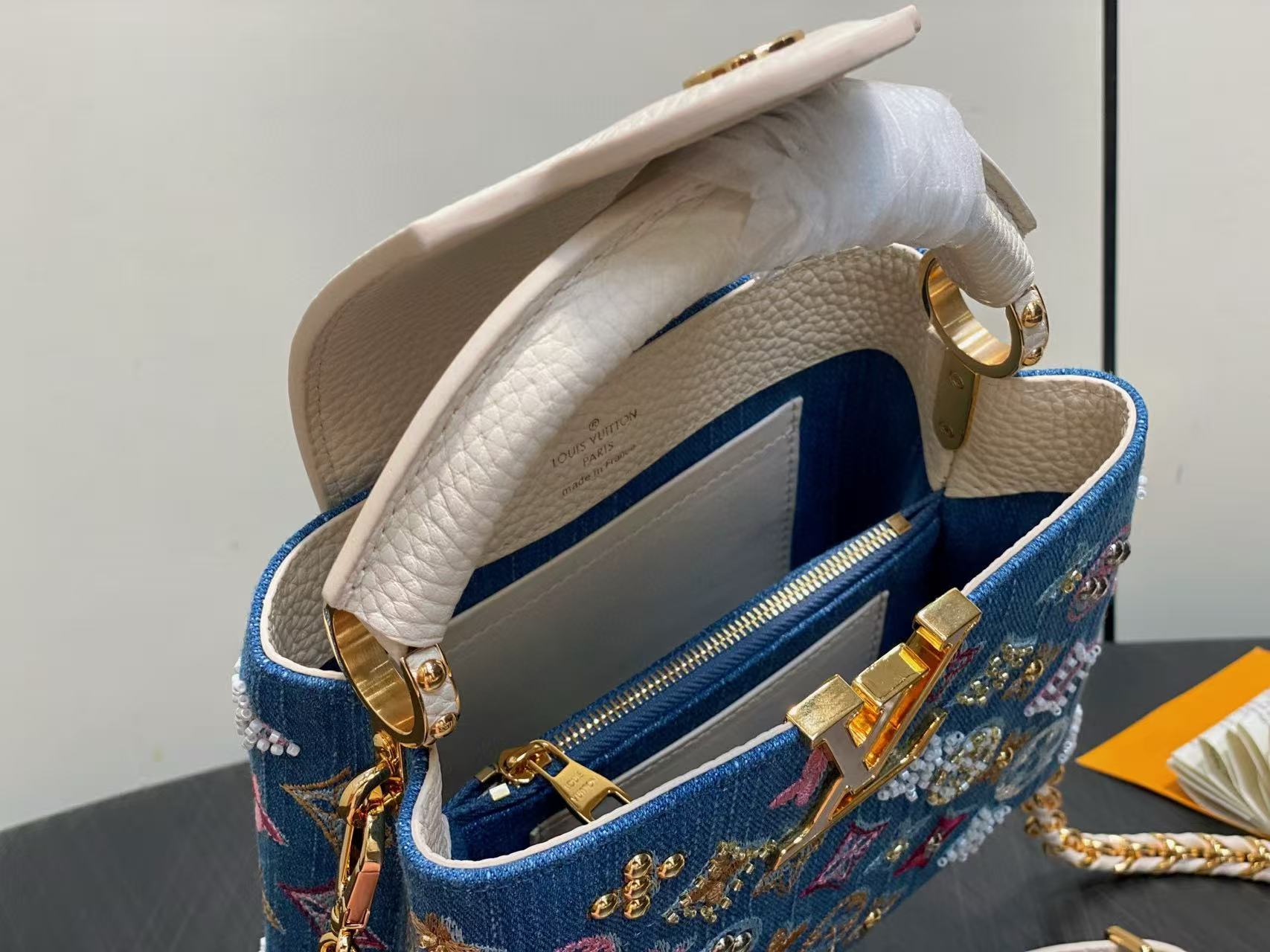 LV CAPUCINES BAG 21 PINIC IN COLORFUL DENIM GOLD HARDWARE