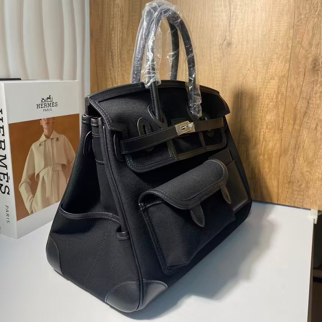 BIRKIN CARGO 35CM BLACK CANVAS AND LEATHER SILVER HARDWARE