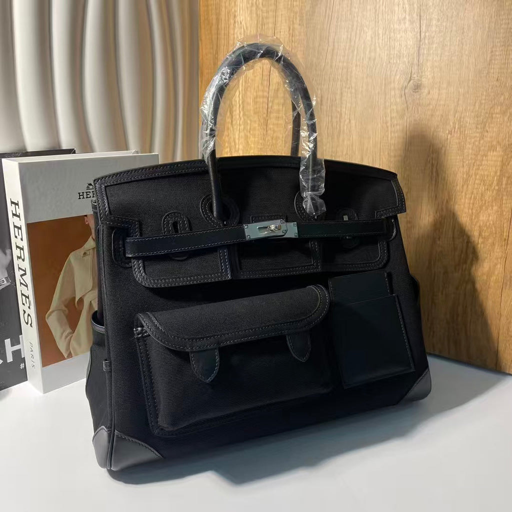 BIRKIN CARGO 35CM BLACK CANVAS AND LEATHER SILVER HARDWARE