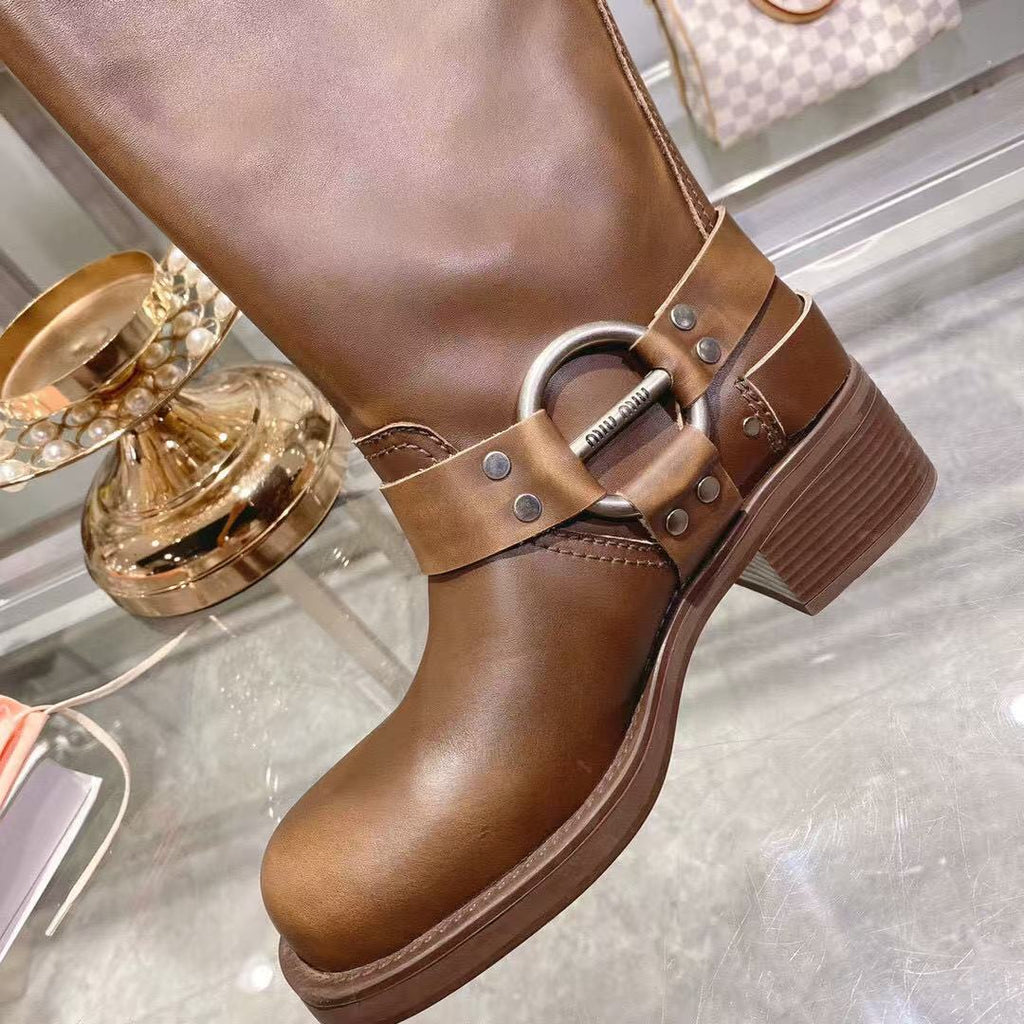 THICK-SOLED BUCKLE BOOTS IN BRORN CALFSKIN