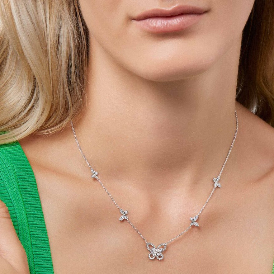 MULTI BUTTERFLY SILHOUETTE SILVER DIAMOND NECKLACE