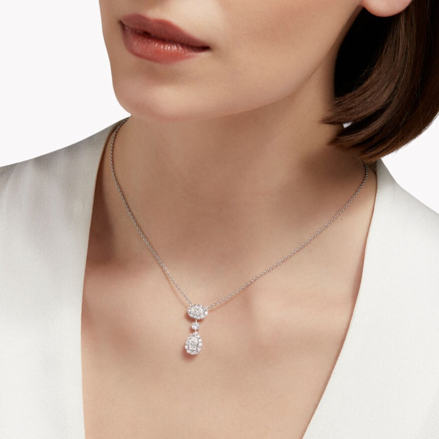 OVAL AND PEAR SHAPE SILVER DIAMOND DROP NECKLACE