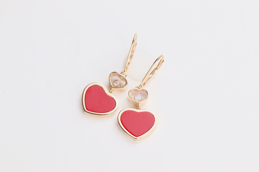 HAPPY HEART EARRINGS CARNELIAN PINK GOLD DIAMOND