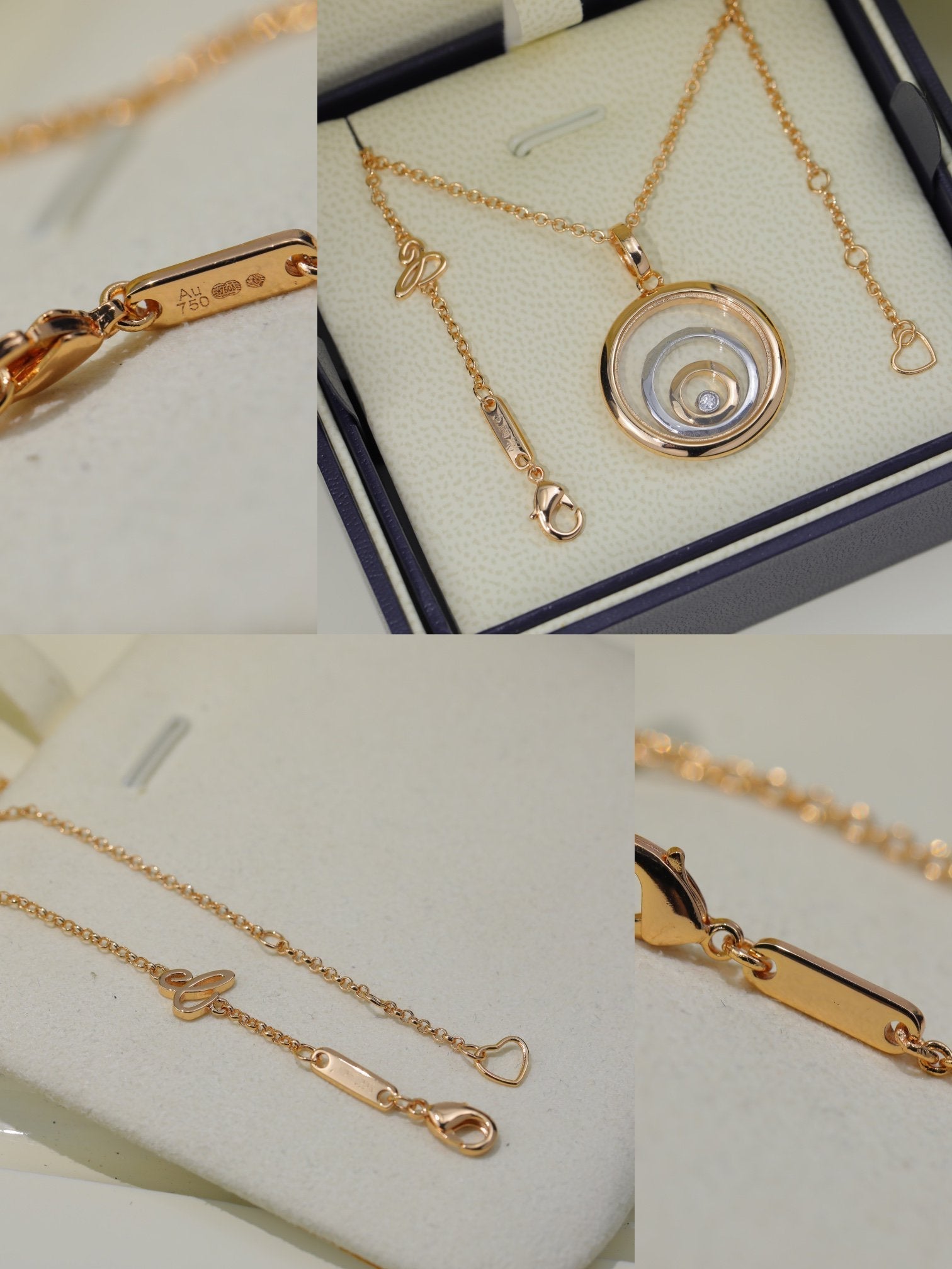 HAPPY HEART NECKLACE TRIPLE RING PINK GOLD 1 DIAMOND