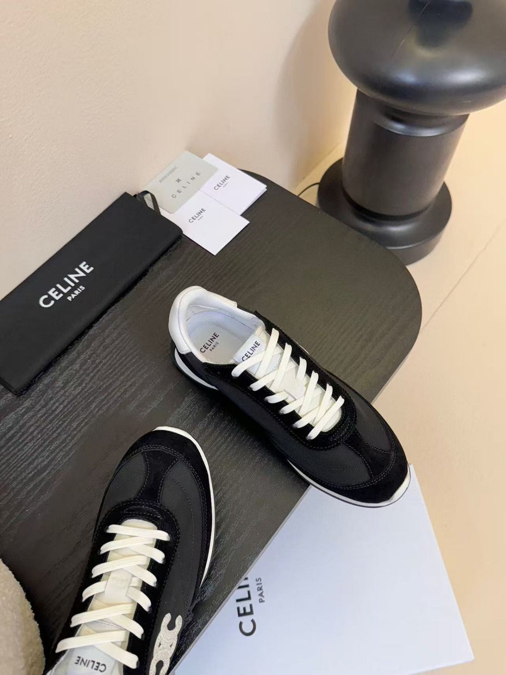 CELINE TRAINRES IN BLACK MIX WHITE SUEDE AND FABRIC