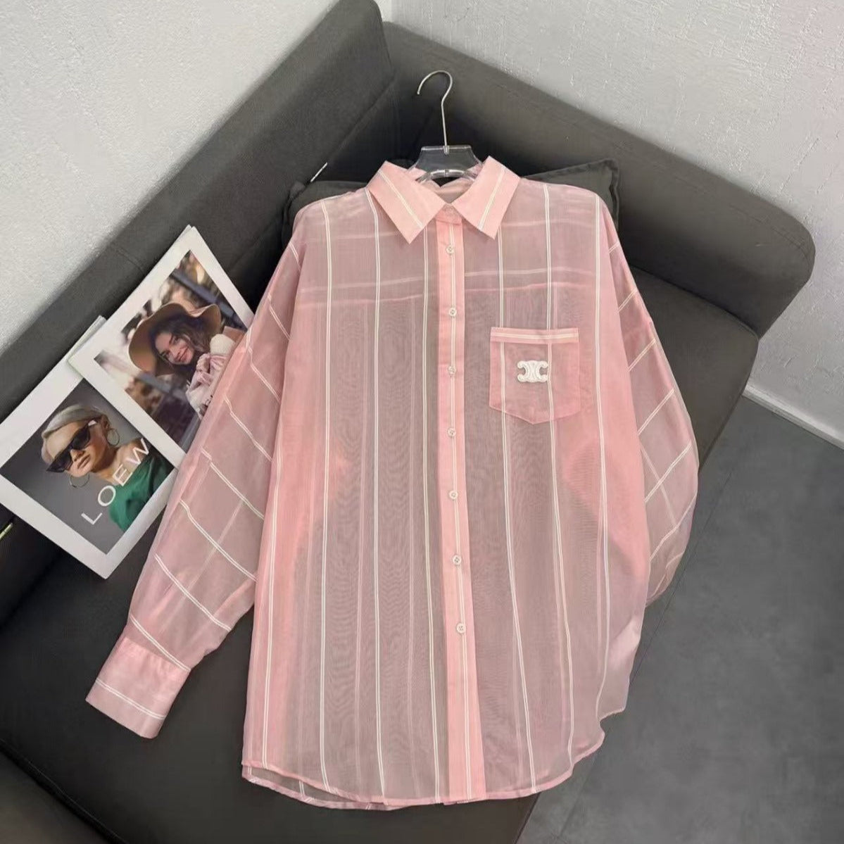CELINE TRIOMPHE EMBROIDERED T-SHIRT IN PINK COTTON