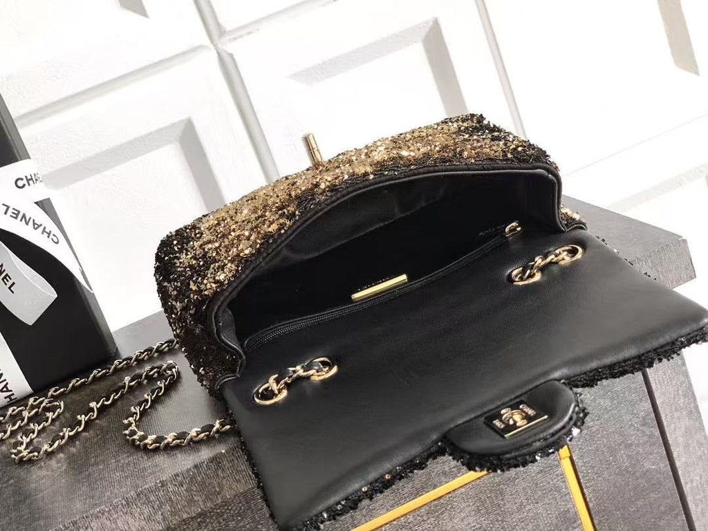 CC 20 SEQUINS FLAP BAG IN BLACK MIX BROWN