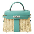 KELLY 20CM JAUNE DE NAPLES SWIFT IN TURQUOISE LEATHER AND WICKER SILVER HARDWARE
