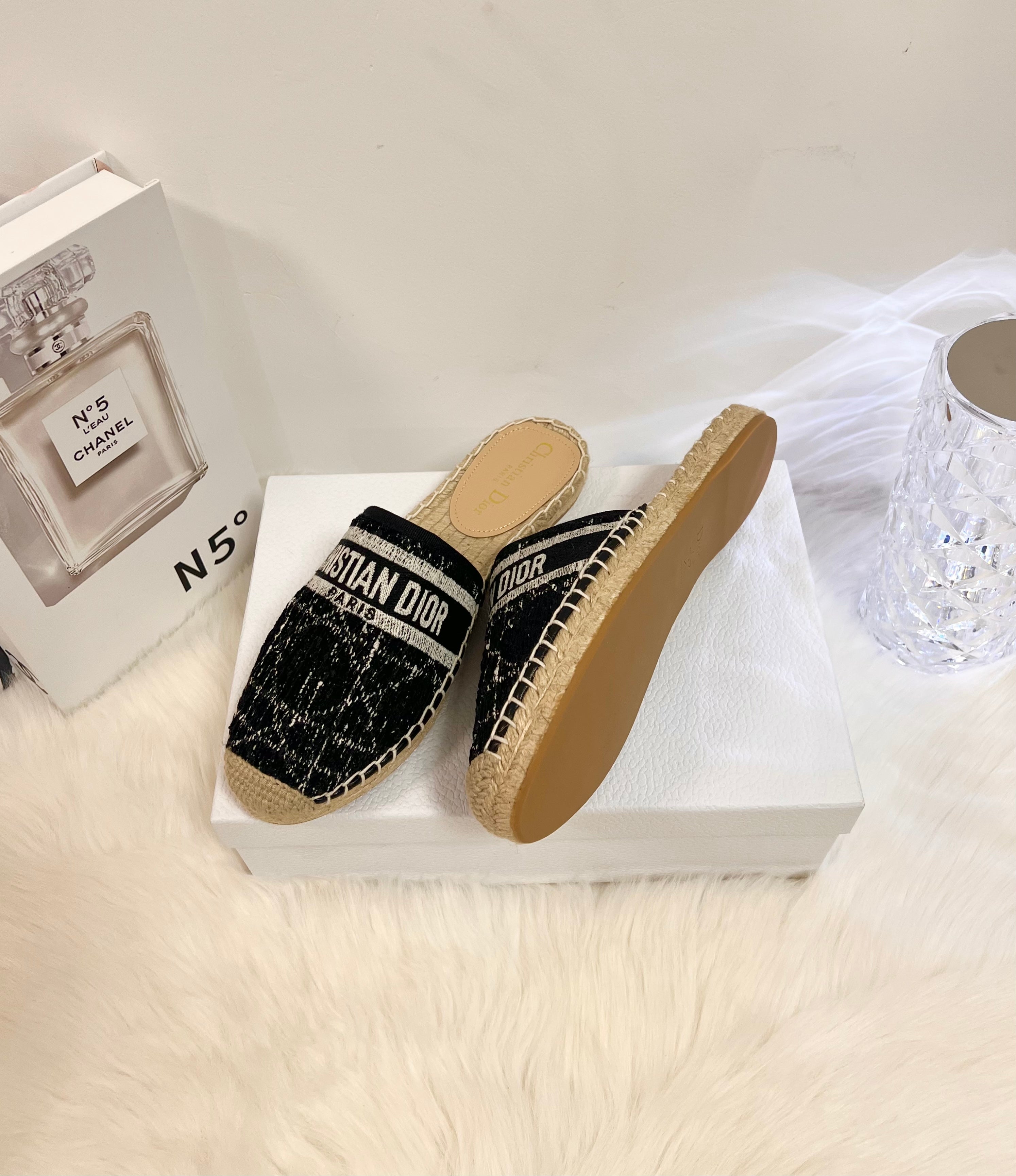 GRANVILLE ESPADRILLE BLACK OBLIQUE EMBROIDERED COTTON MULE