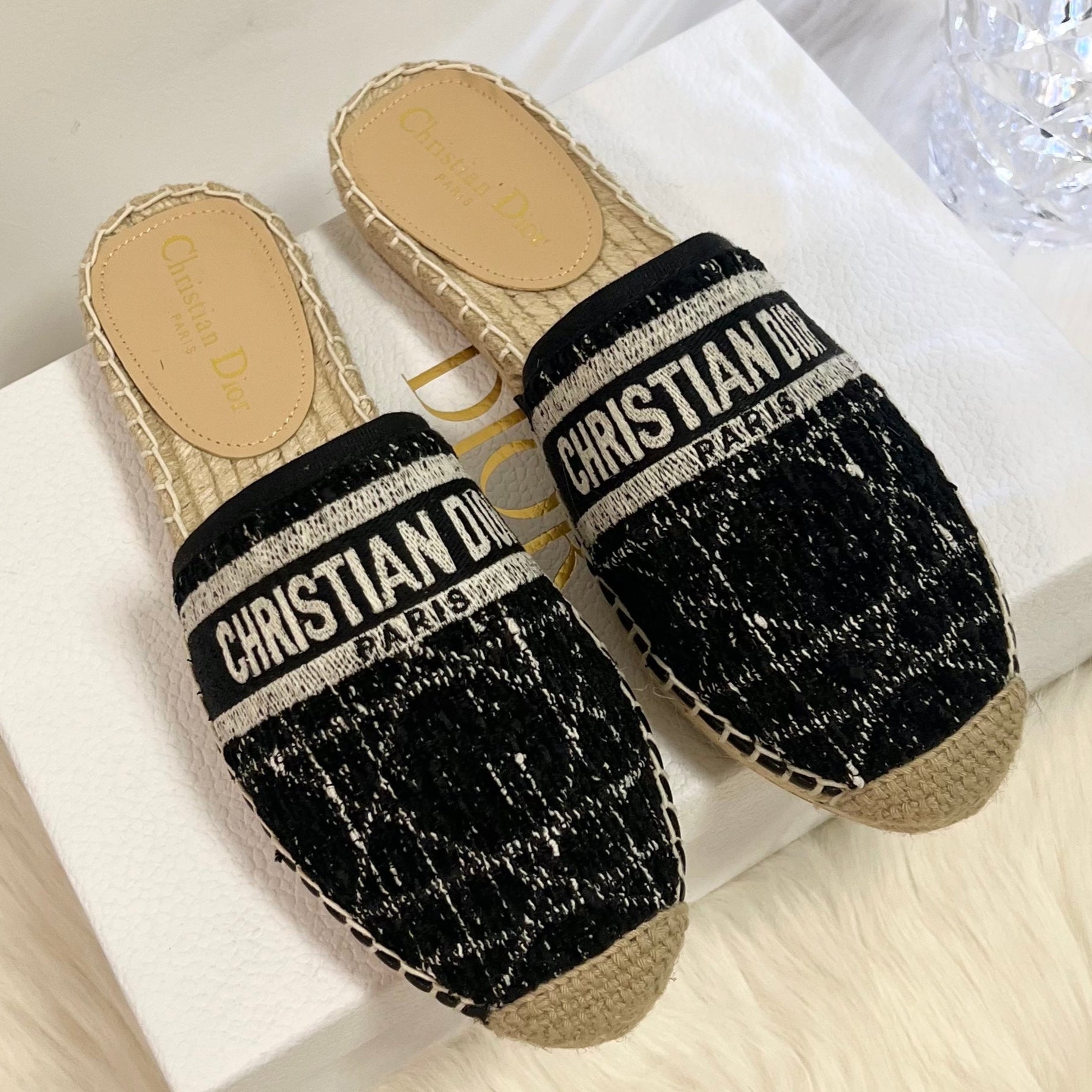 GRANVILLE ESPADRILLE BLACK OBLIQUE EMBROIDERED COTTON MULE