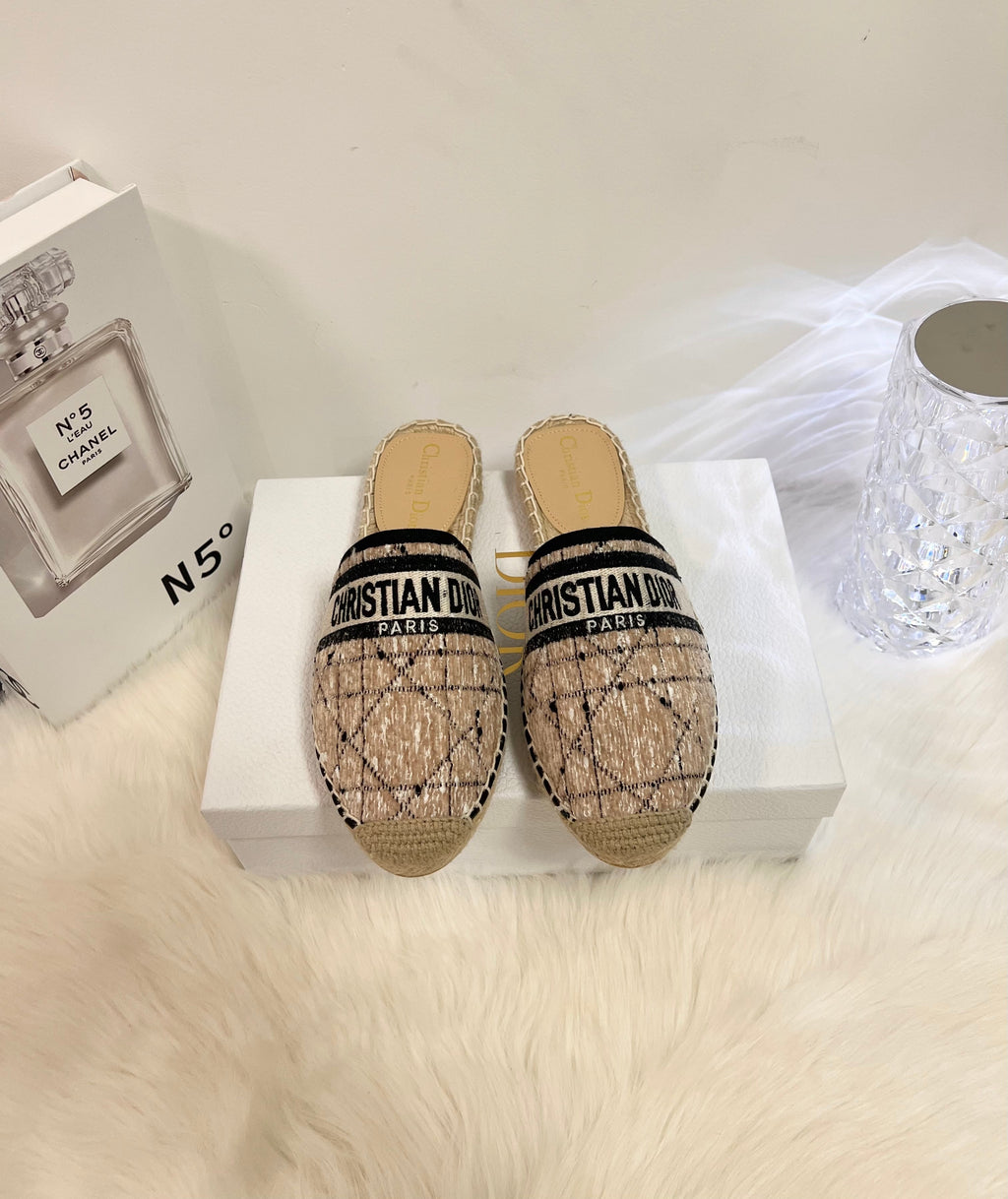 GRANVILLE ESPADRILLE CAMEL BEIGE OBLIQUE EMBROIDERED COTTON MULE