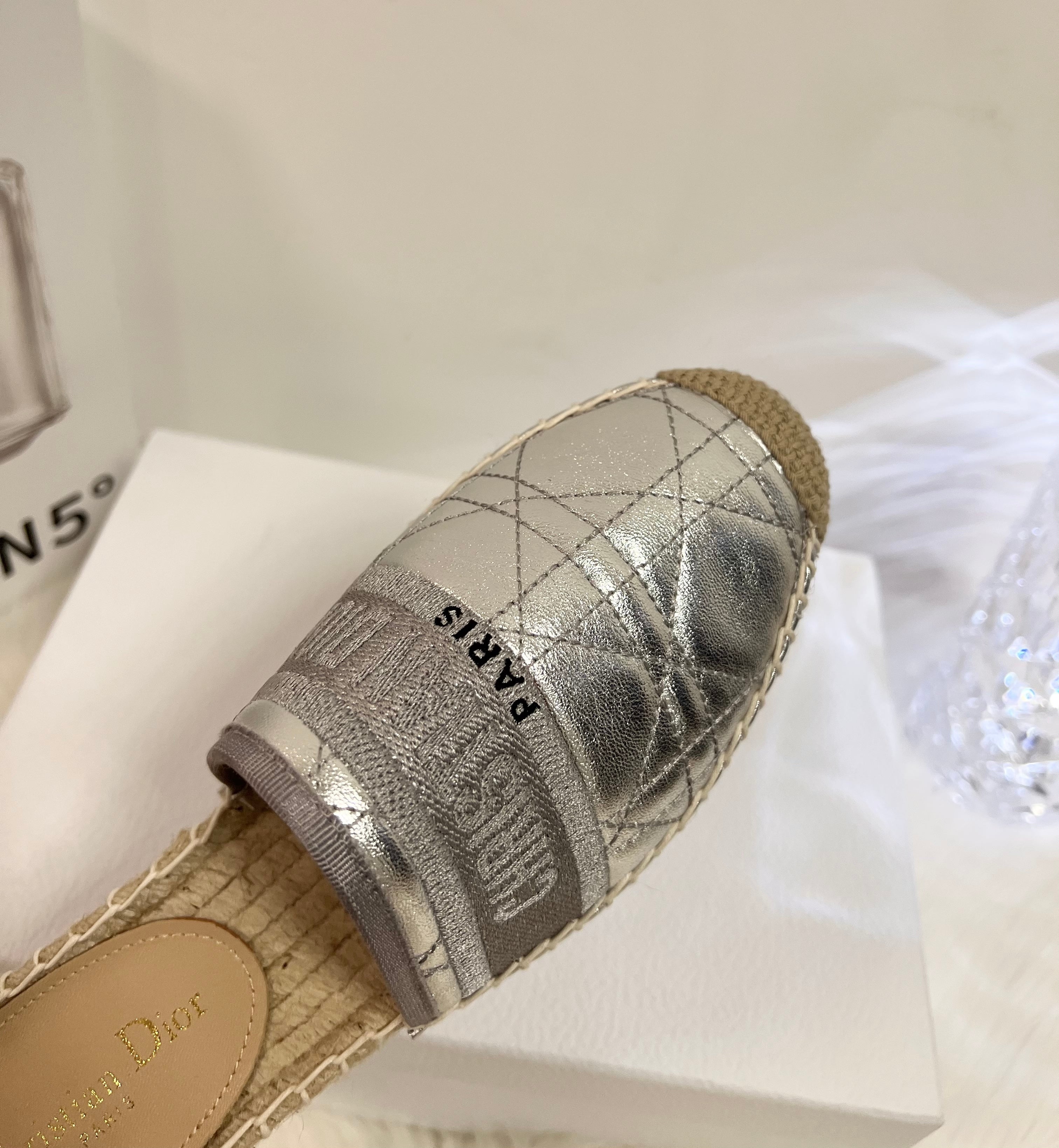 GRANVILLE ESPADRILLE MULE SILVER QUILTED CANNAGE CALFSKIN