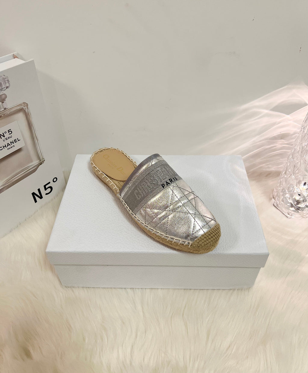 GRANVILLE ESPADRILLE MULE SILVER QUILTED CANNAGE CALFSKIN