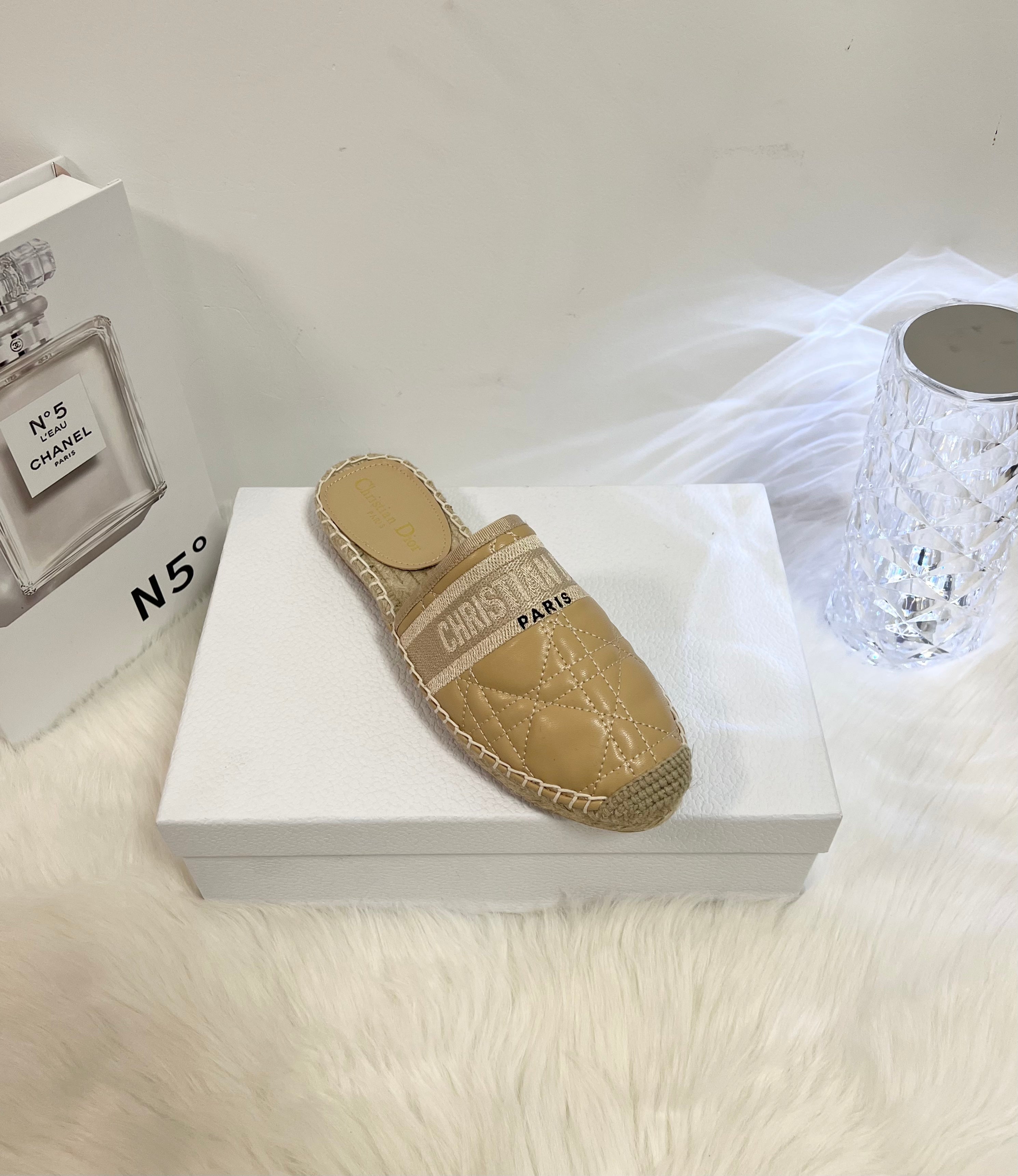 GRANVILLE ESPADRILLE MULE CAMEL BEIGE QUILTED CANNAGE CALFSKIN