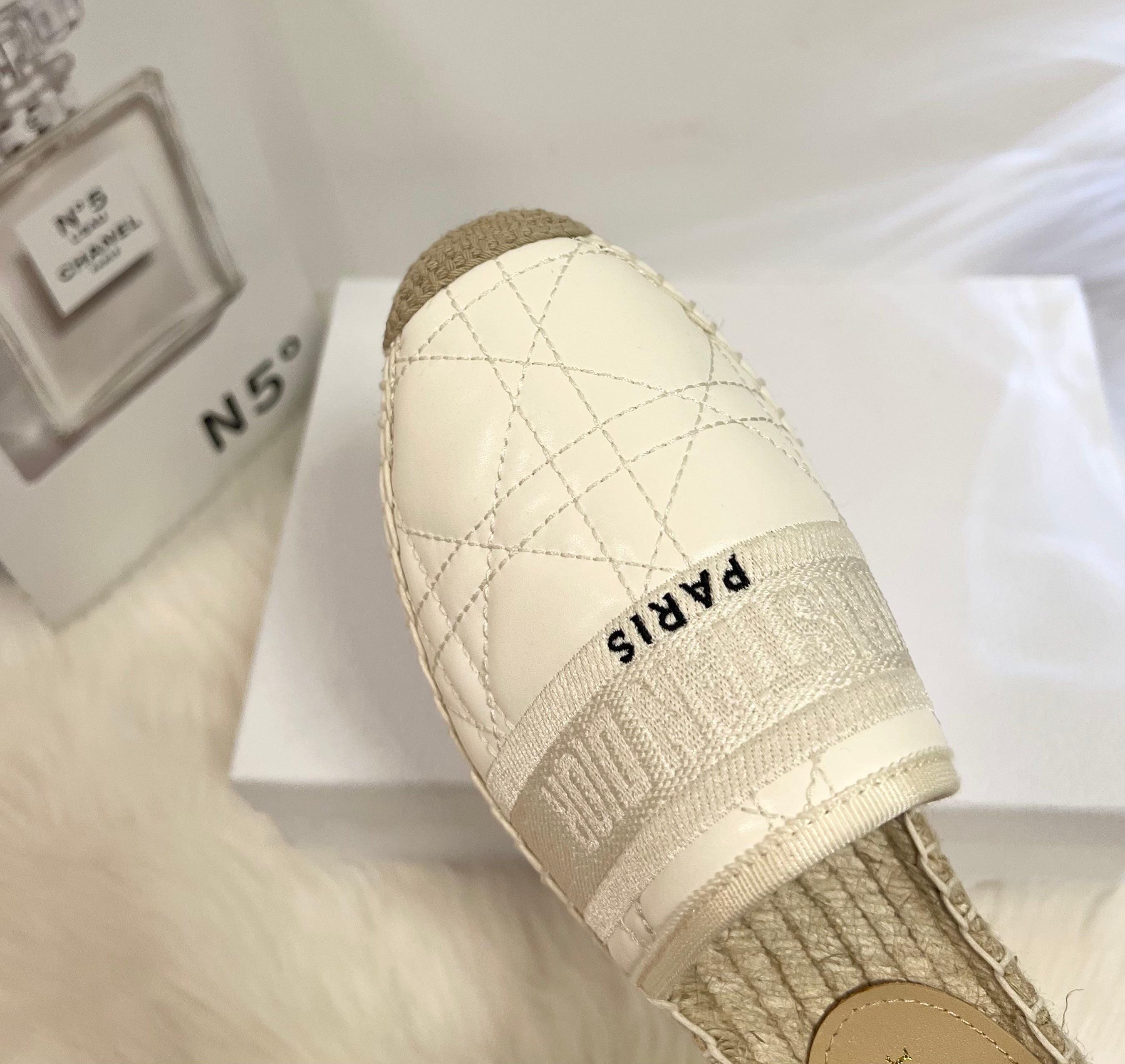 GRANVILLE ESPADRILLE MULE WHITE QUILTED CANNAGE CALFSKIN