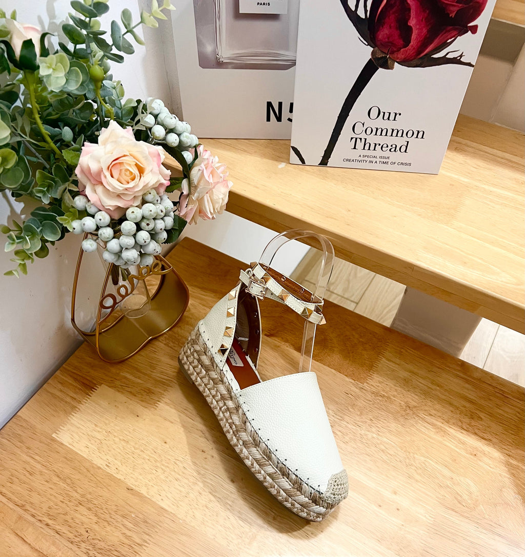WHITE LEATHER ROCKSTUD ESPADRILLES ANKLE STRAP FLATS