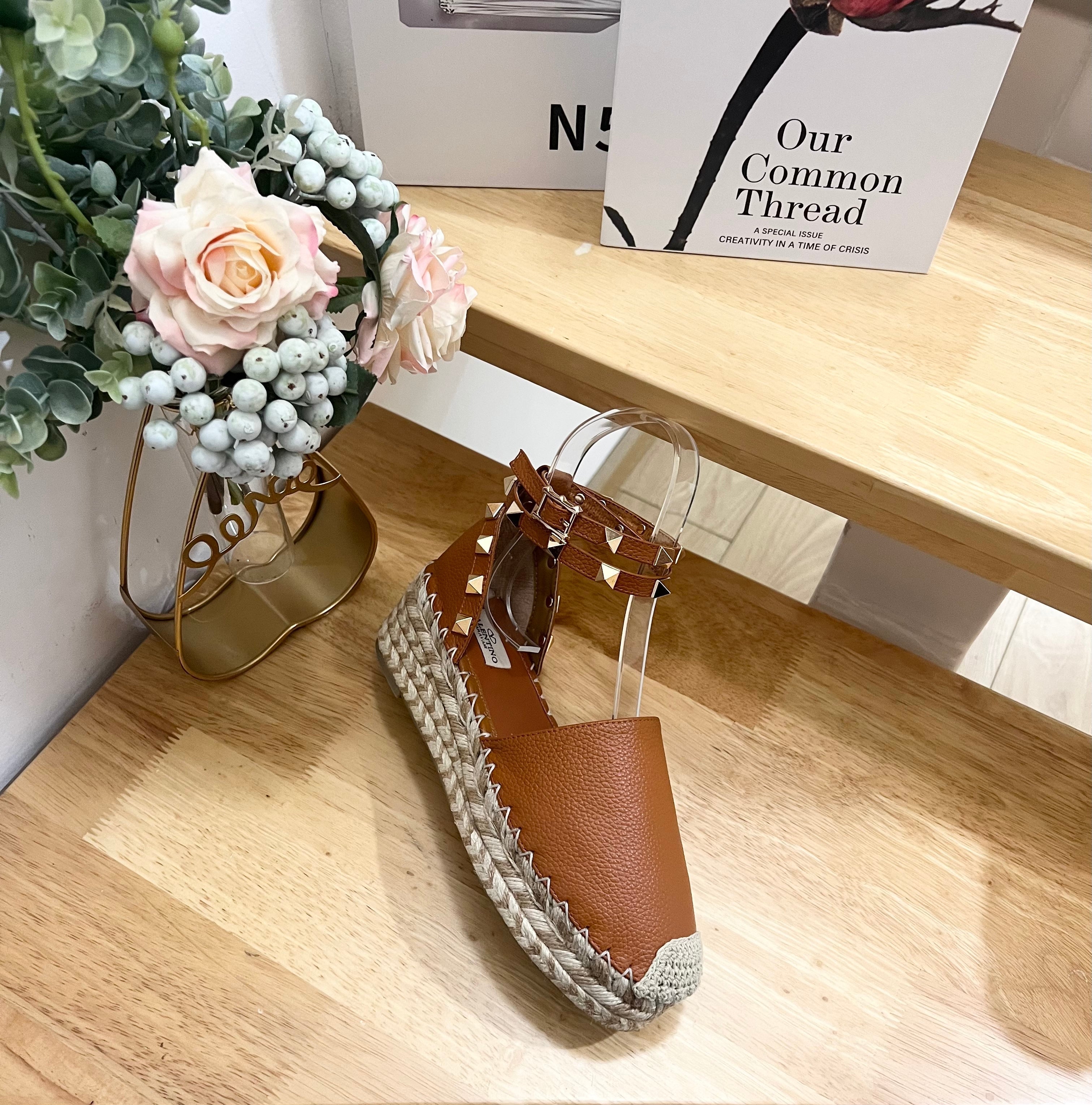 BRONZE BROWN LEATHER ROCKSTUD ESPADRILLES ANKLE STRAP FLATS