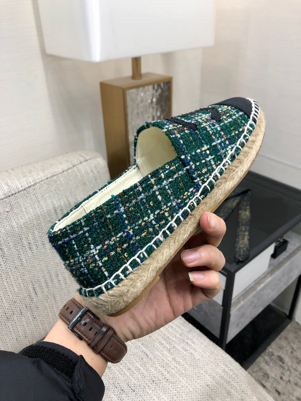ESPADRILLE FOREST GREEN TWEED FABRIC AND BLACK CALFSKIN FLATS