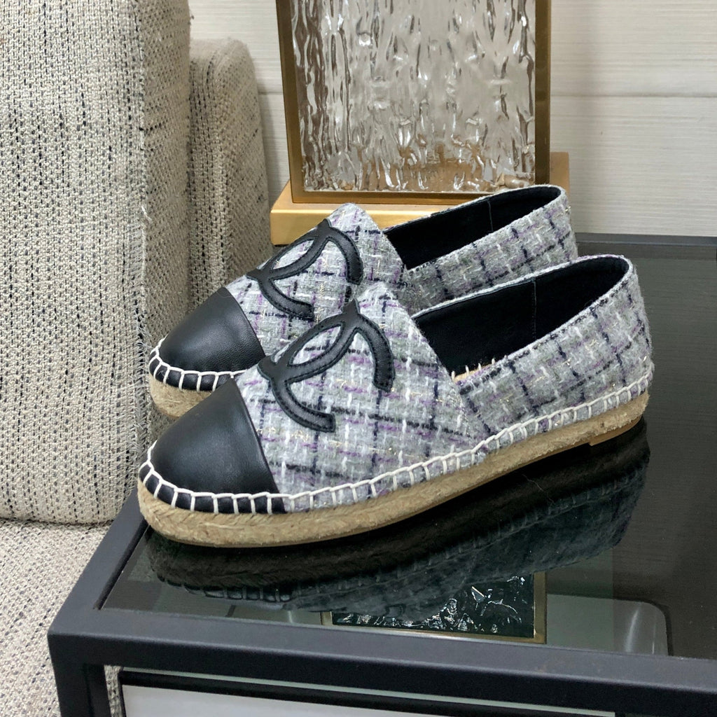 ESPADRILLE COLORFUL TWEED FABRIC AND BLACK CALFSKIN FLATS