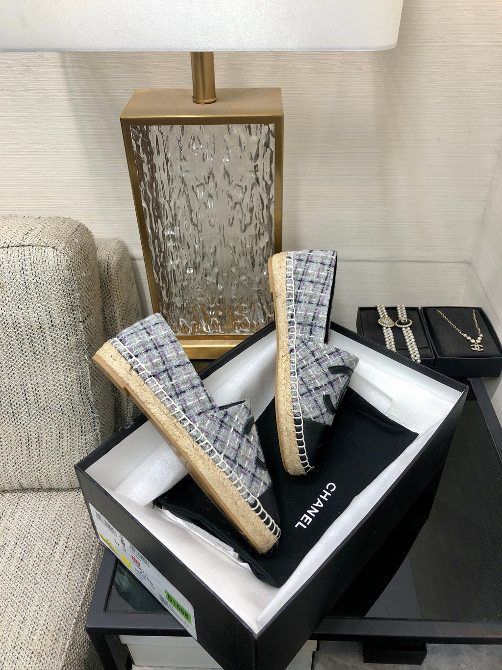 ESPADRILLE COLORFUL TWEED FABRIC AND BLACK CALFSKIN FLATS