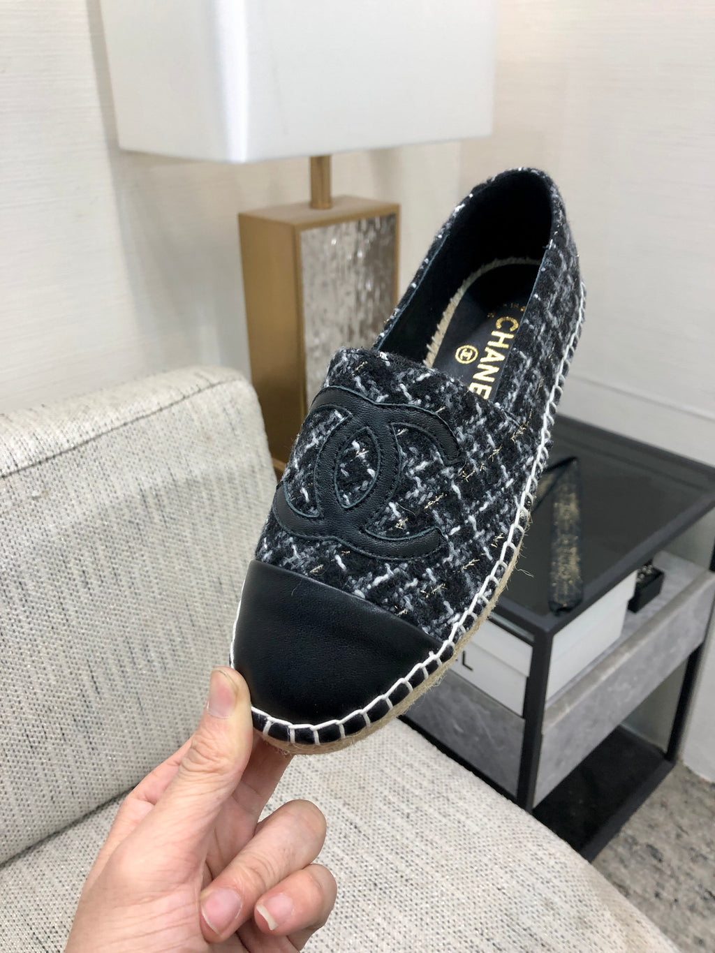 ESPADRILLE BLACK MIX WHITE TWEED FABRIC AND CALFSKIN FLATS