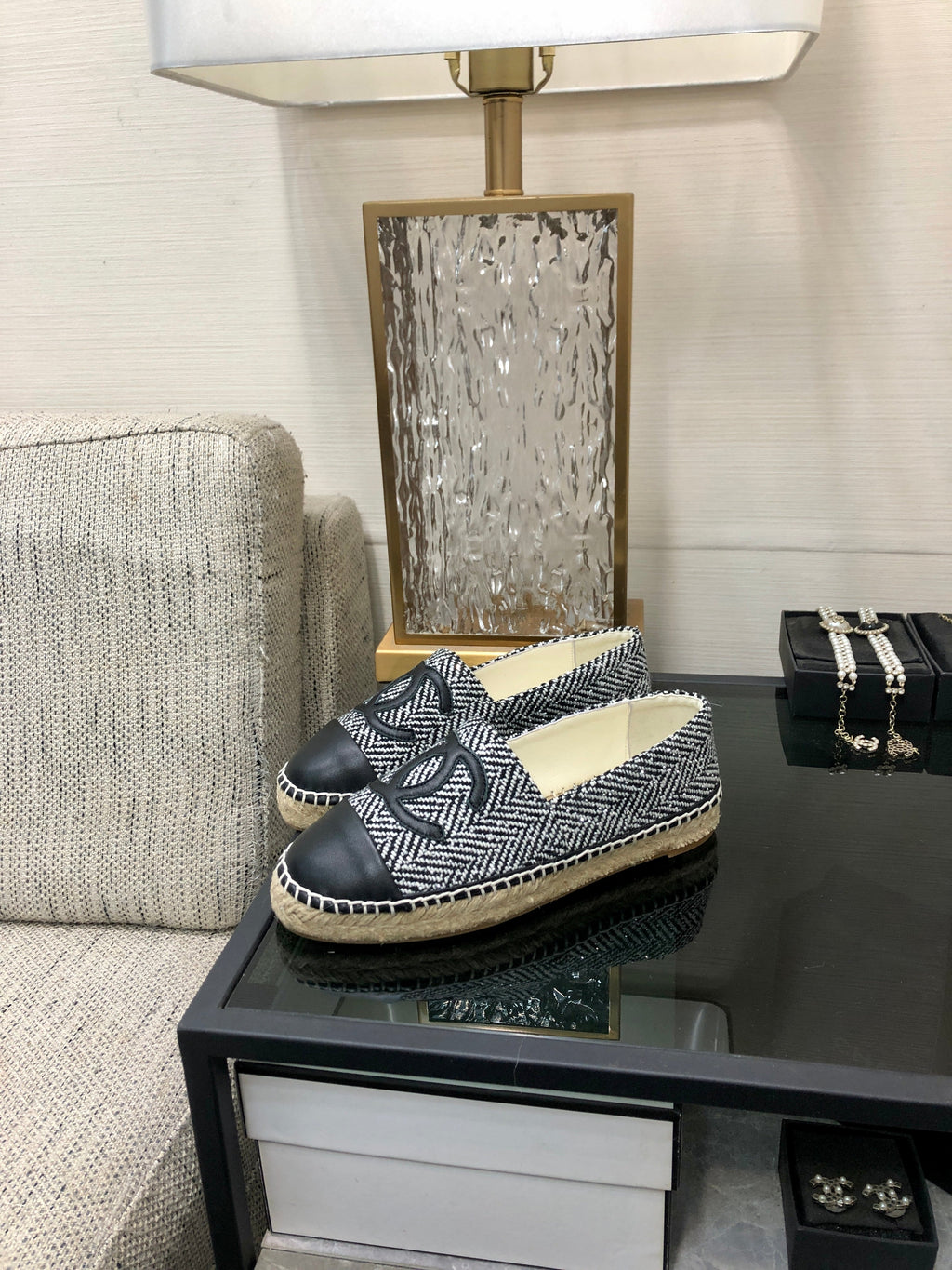 ESPADRILLE BLACK MIX WHITE TWEED FABRIC AND CALFSKIN FLATS 185046