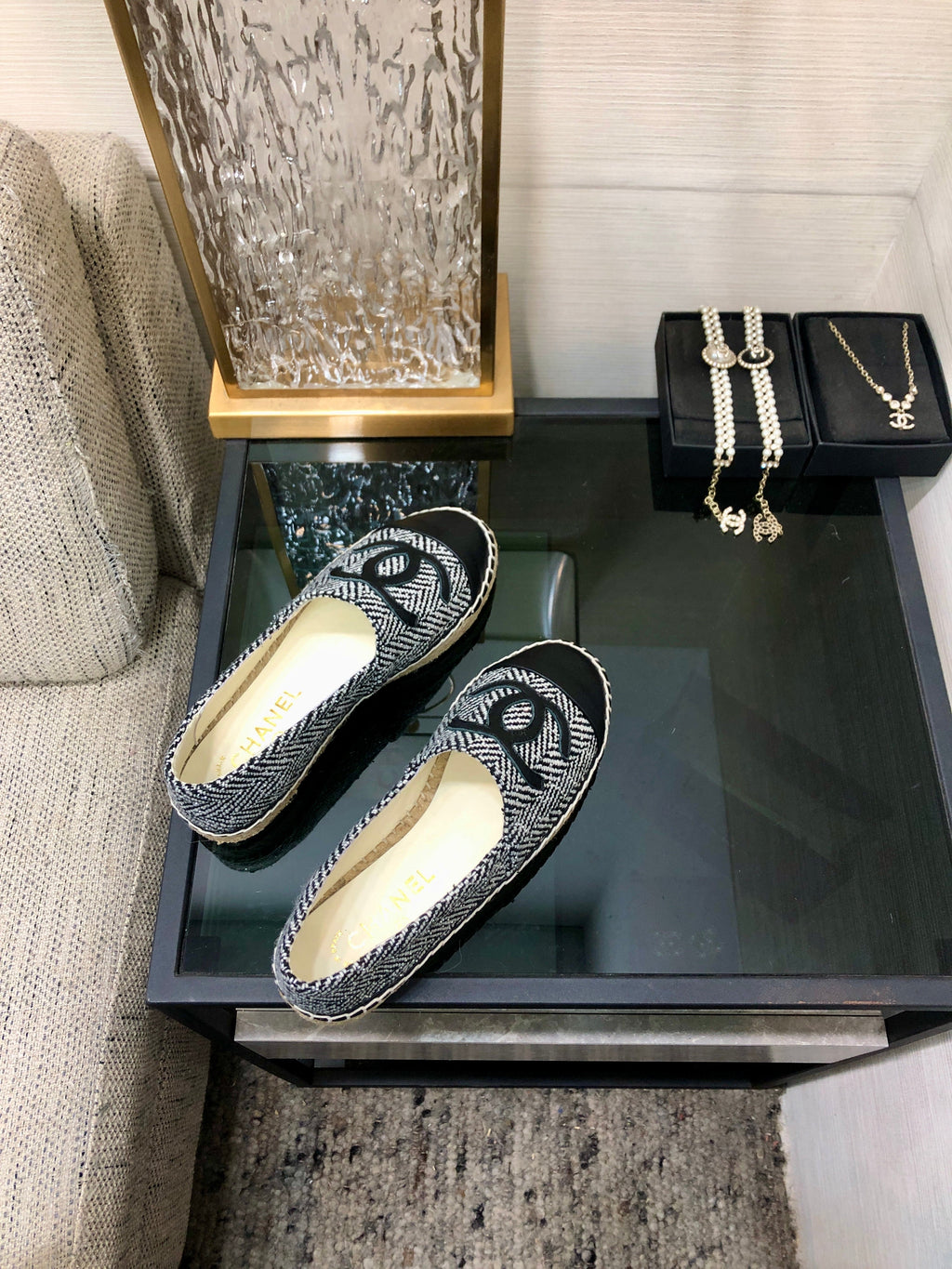 ESPADRILLE BLACK MIX WHITE TWEED FABRIC AND CALFSKIN FLATS 185046