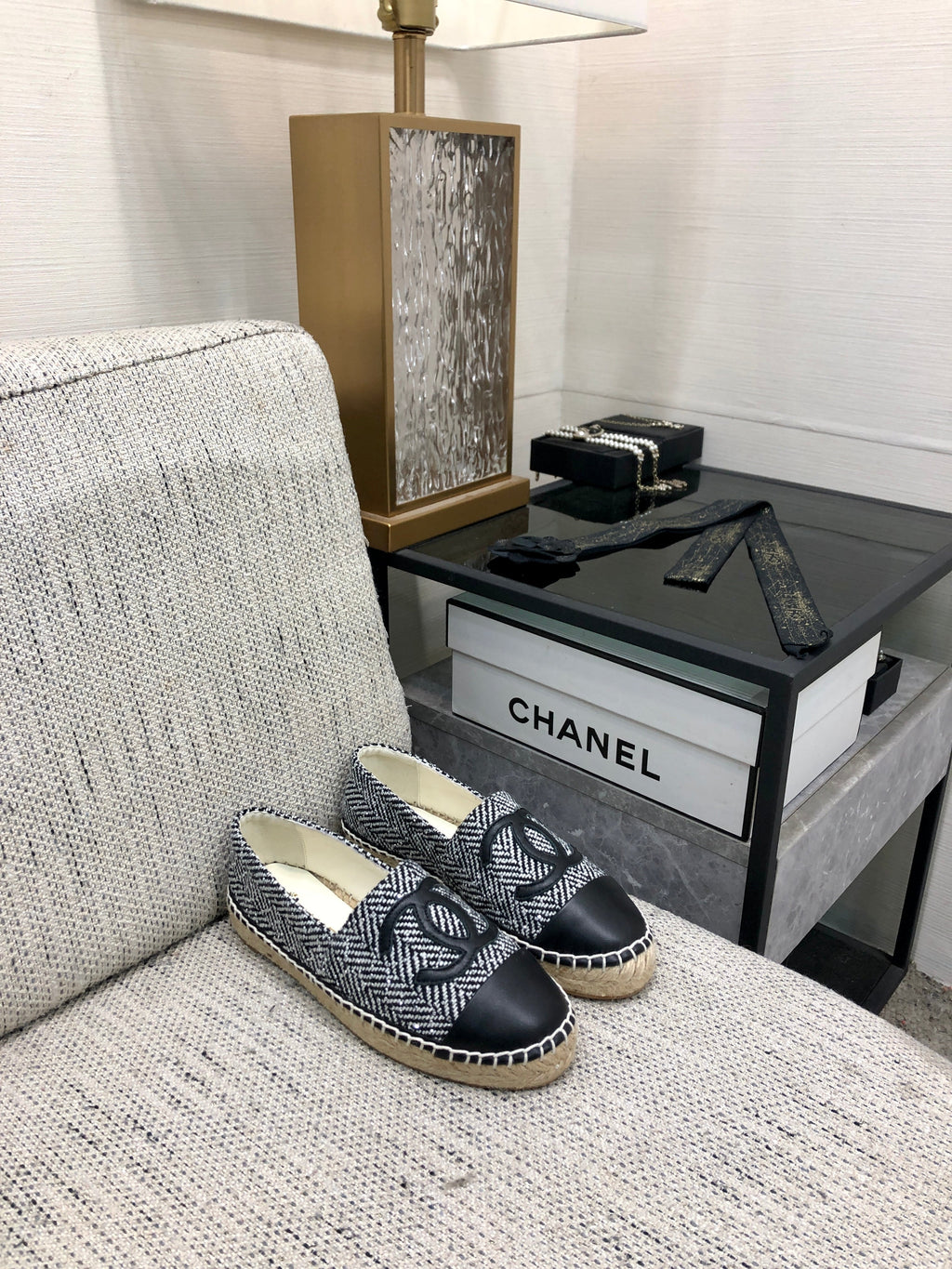 ESPADRILLE BLACK MIX WHITE TWEED FABRIC AND CALFSKIN FLATS 185046