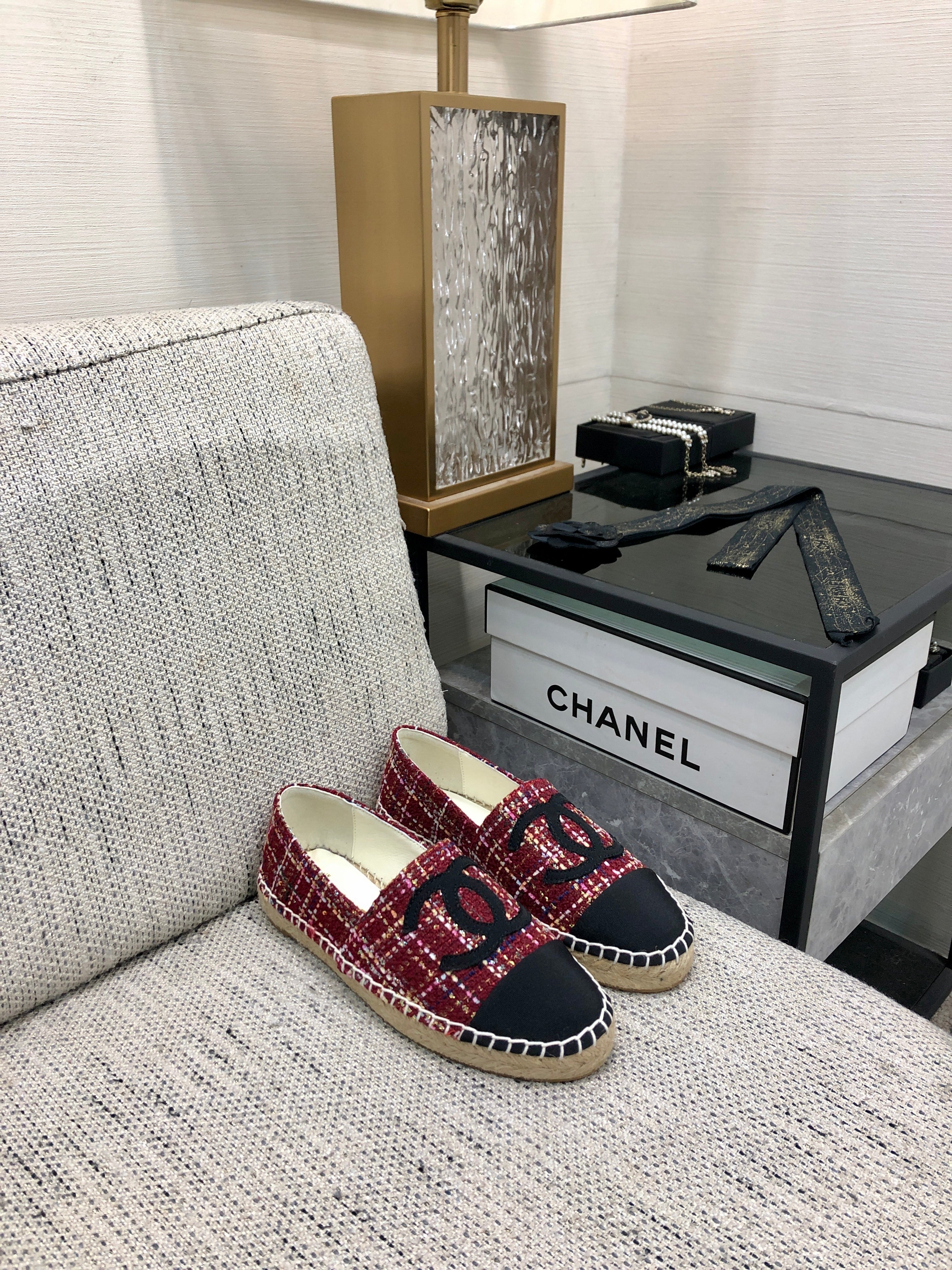 ESPADRILLE BLACK MIX CRIMSON RED TWEED FABRIC FLATS