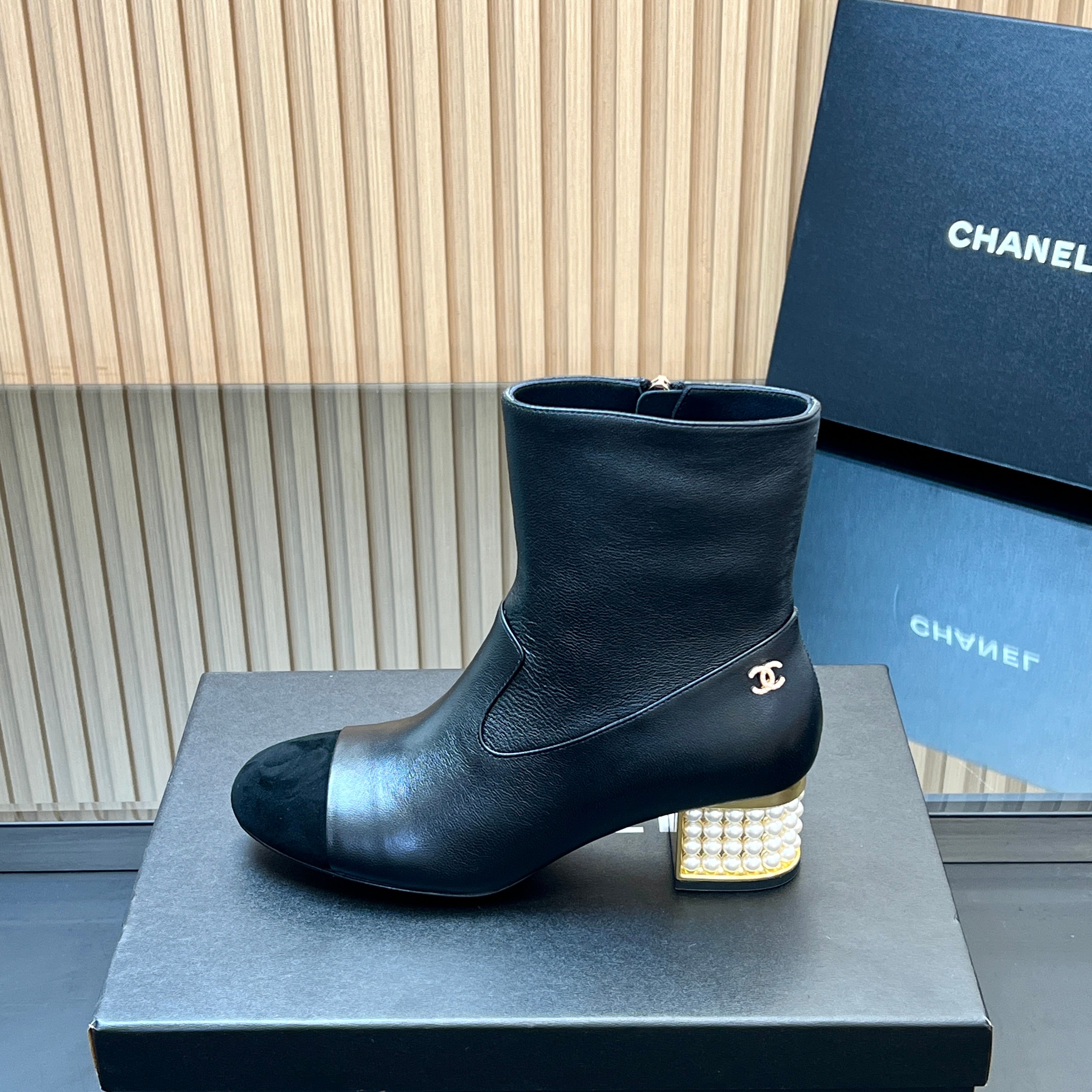 CHANEL 25S TALL BOOTS WITH PEARL DETAILS 50MM IN BLACK SUEDE AND CALFSKIN