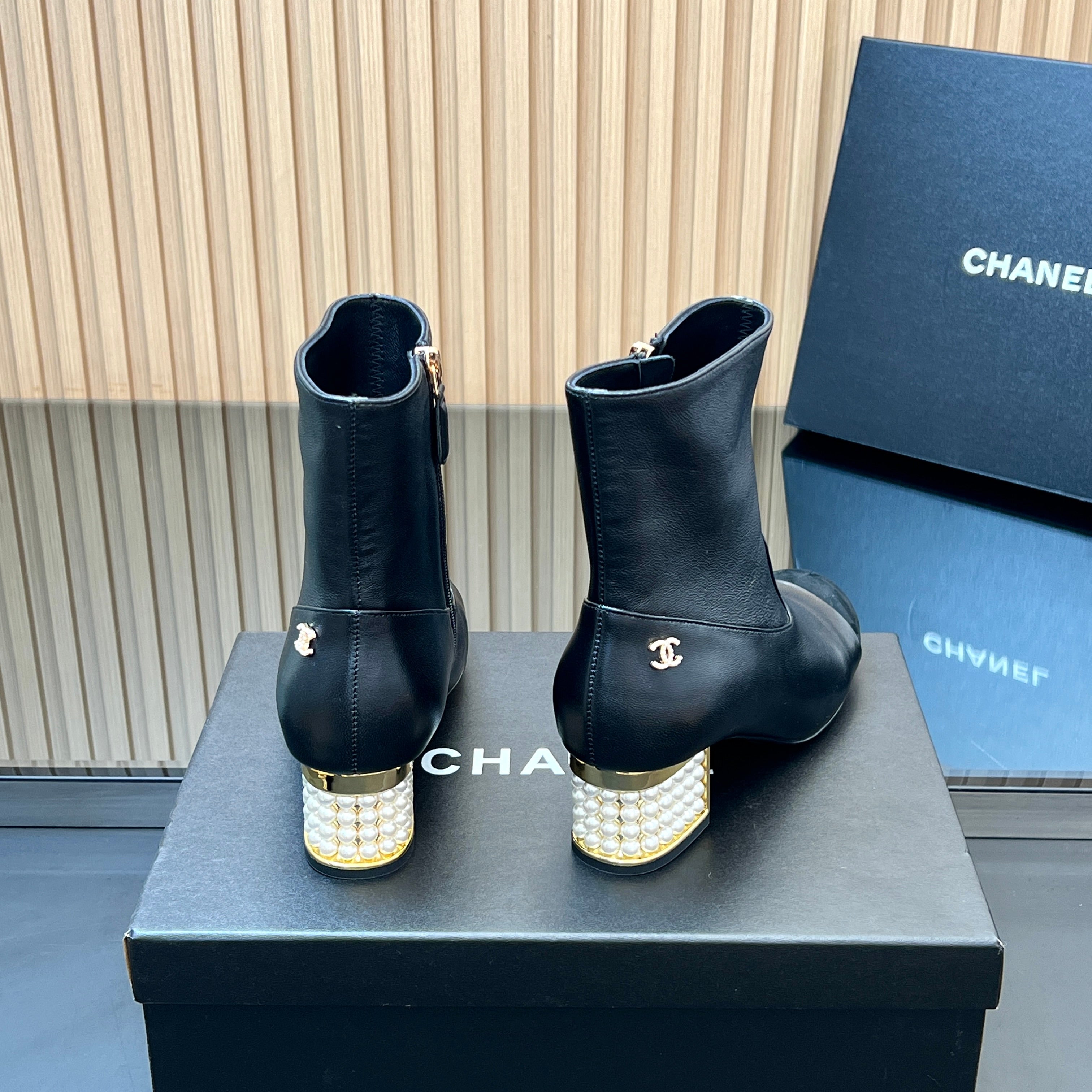 CHANEL 25S TALL BOOTS WITH PEARL DETAILS 50MM IN BLACK SUEDE AND CALFSKIN