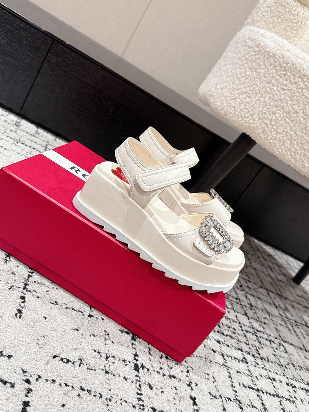 ROGER VIVIER 25S SLIDY VIV' WEDGE SANDALS 70 MM IN IVORY CALFSKIN EMBELLISHED CRYSTALS