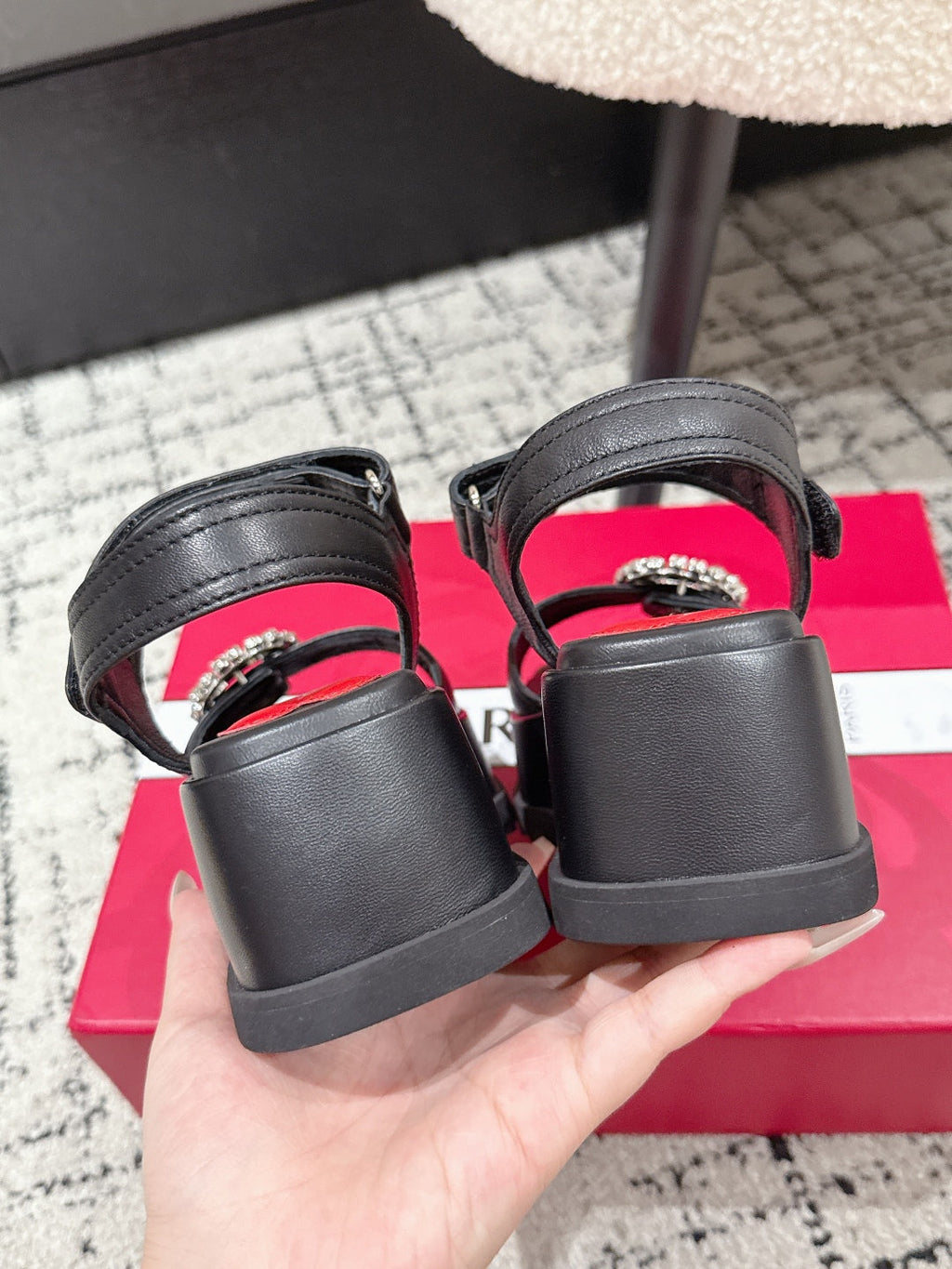 ROGER VIVIER 25S SLIDY VIV' WEDGE SANDALS 70 MM IN BLACK CALFSKIN EMBELLISHED CRYSTALS