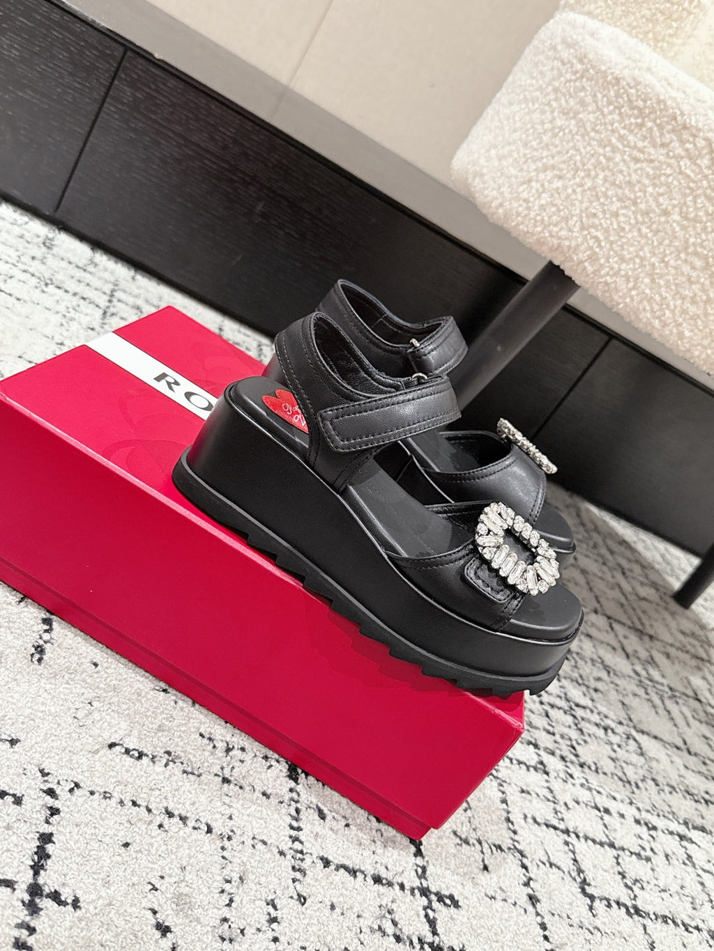 ROGER VIVIER 25S SLIDY VIV' WEDGE SANDALS 70 MM IN BLACK CALFSKIN EMBELLISHED CRYSTALS