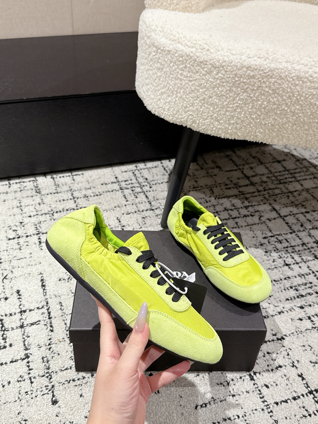 PRADA 25S COLLAPSE SNEAKERS IN LIME GREEN RE NYLON AND SUEDE