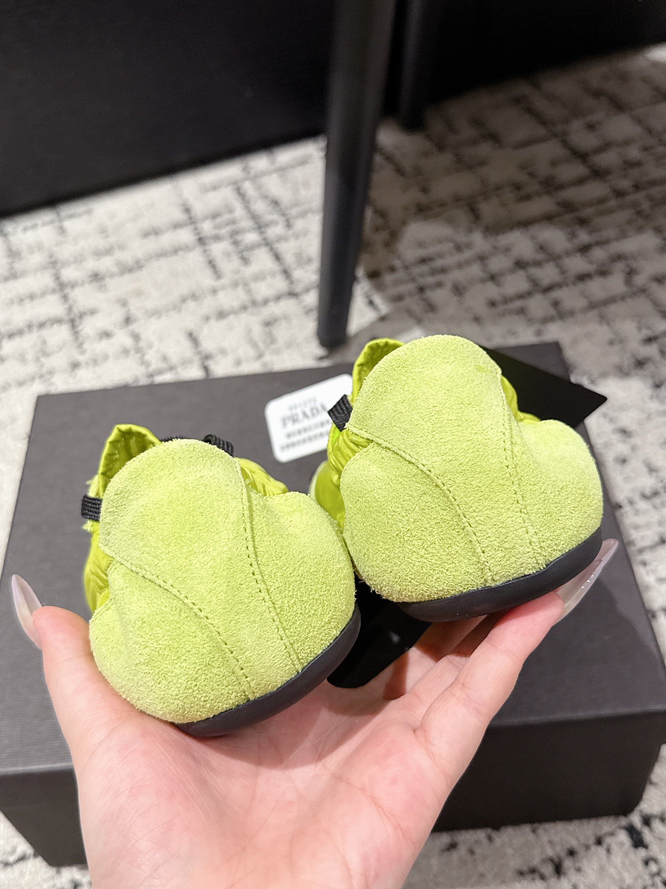 PRADA 25S COLLAPSE SNEAKERS IN LIME GREEN RE NYLON AND SUEDE