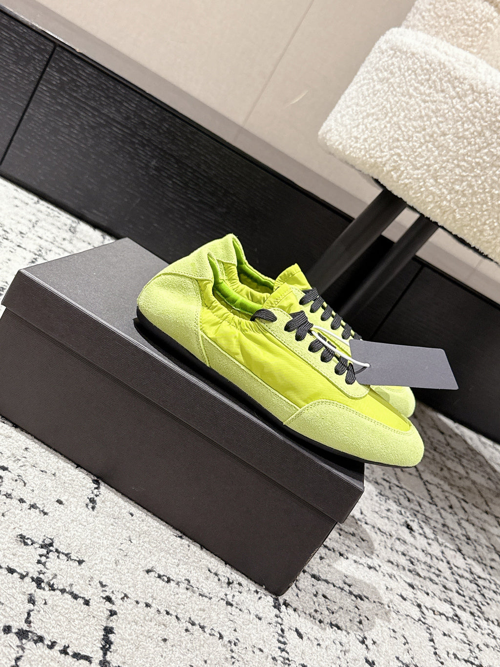 PRADA 25S COLLAPSE SNEAKERS IN LIME GREEN RE NYLON AND SUEDE