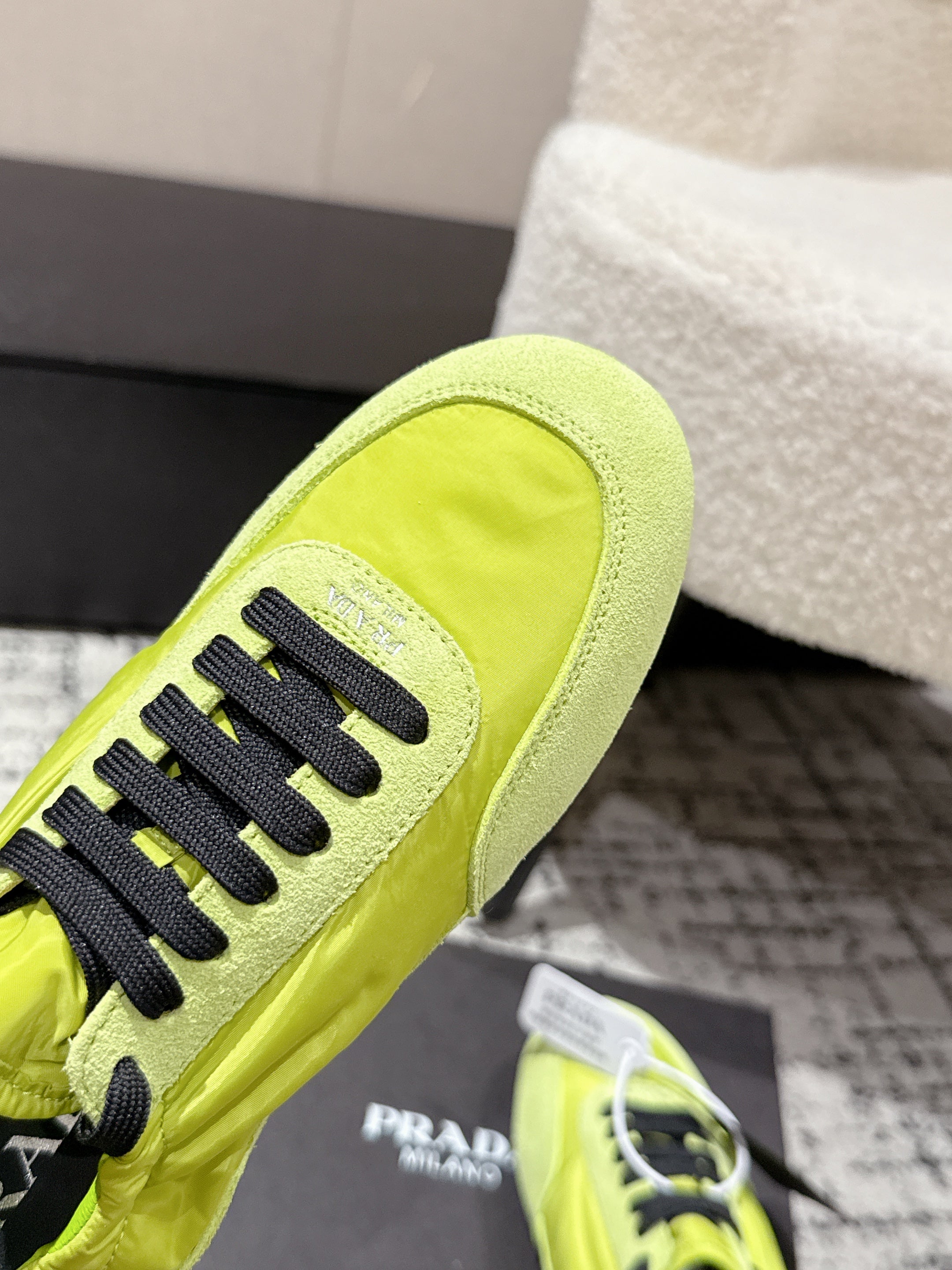 PRADA 25S COLLAPSE SNEAKERS IN LIME GREEN RE NYLON AND SUEDE
