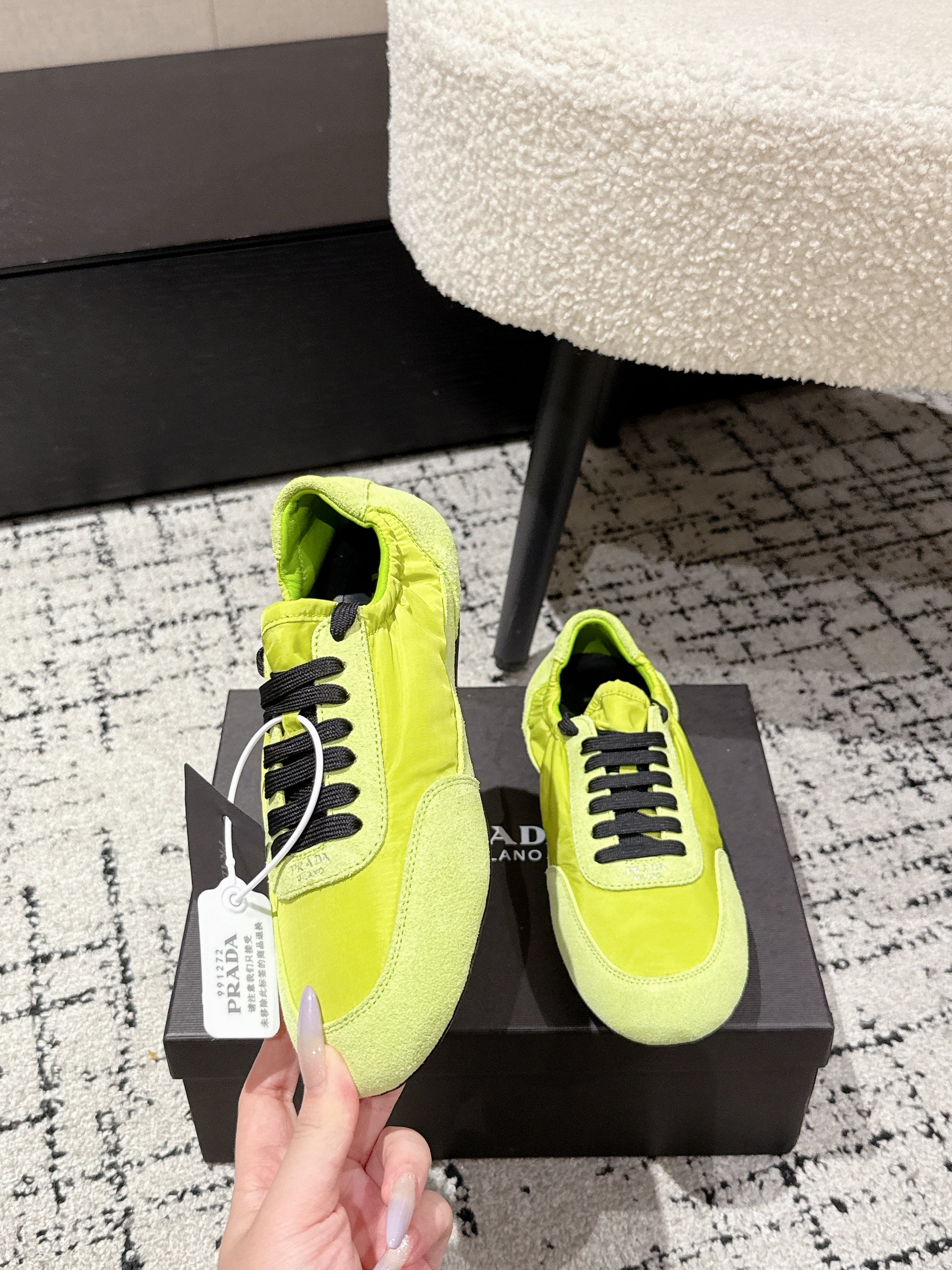 PRADA 25S COLLAPSE SNEAKERS IN LIME GREEN RE NYLON AND SUEDE