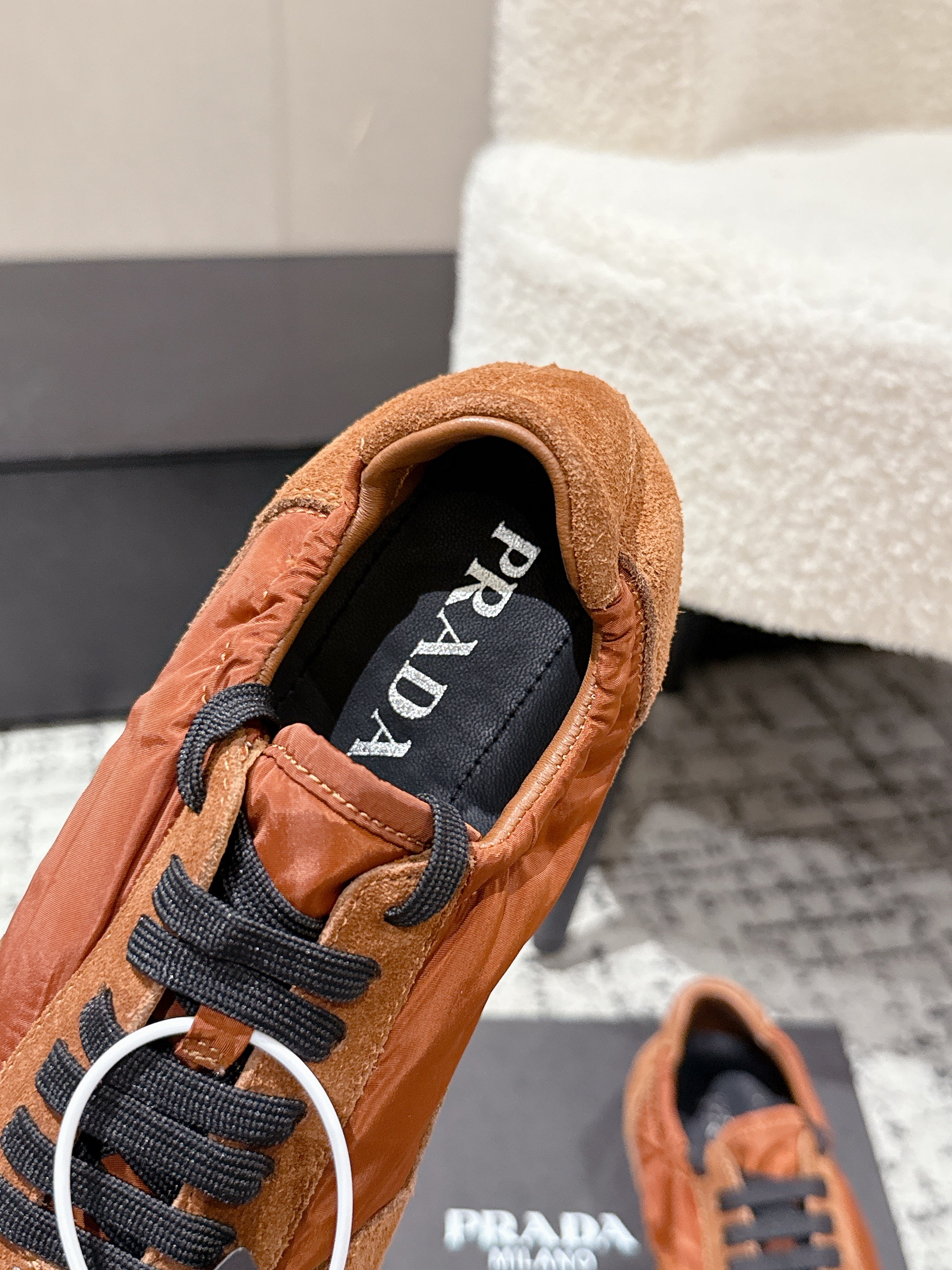 PRADA 25S COLLAPSE SNEAKERS IN BURNT ORANGE RE NYLON AND SUEDE