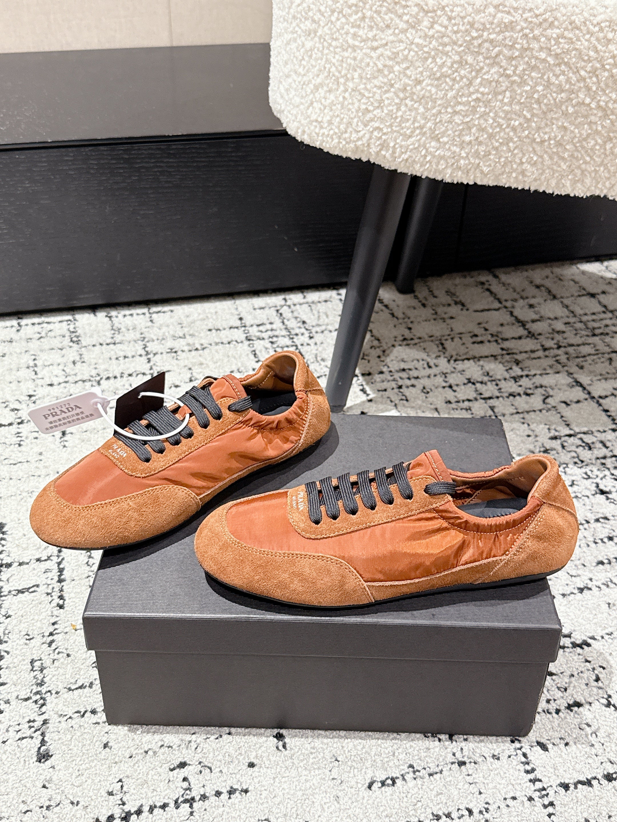 PRADA 25S COLLAPSE SNEAKERS IN BURNT ORANGE RE NYLON AND SUEDE