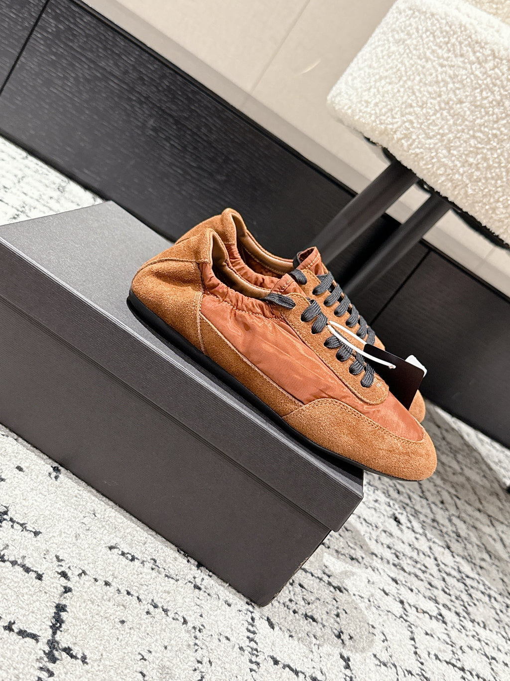 PRADA 25S COLLAPSE SNEAKERS IN BURNT ORANGE RE NYLON AND SUEDE