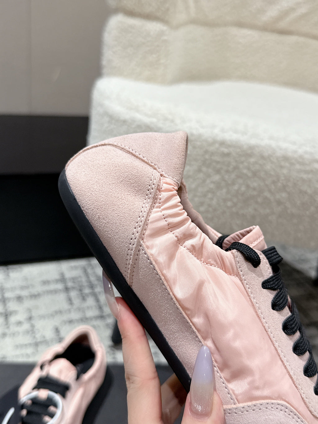 PRADA 25S COLLAPSE SNEAKERS IN LIGHT PINK RE NYLON AND SUEDE