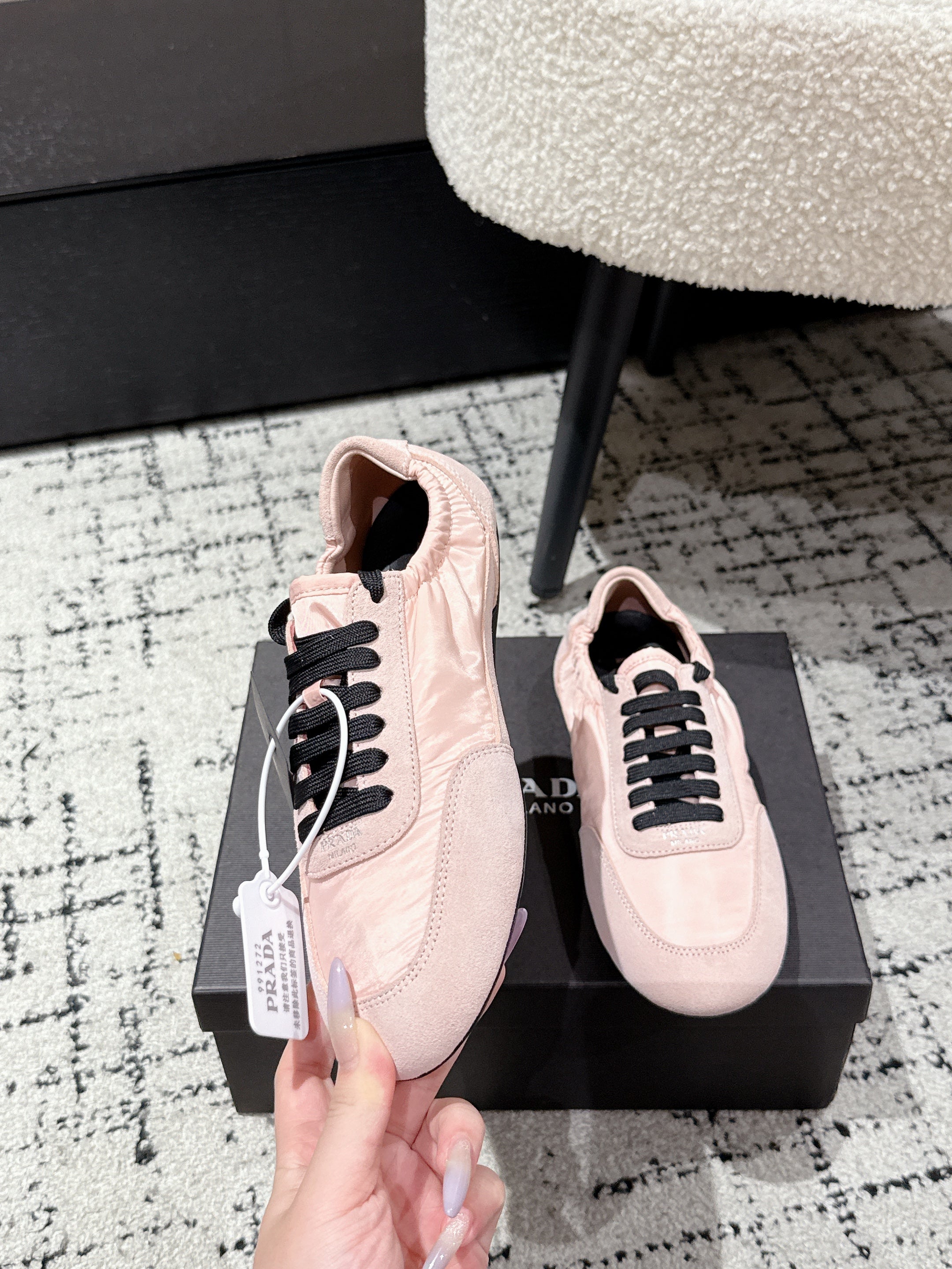 PRADA 25S COLLAPSE SNEAKERS IN LIGHT PINK RE NYLON AND SUEDE