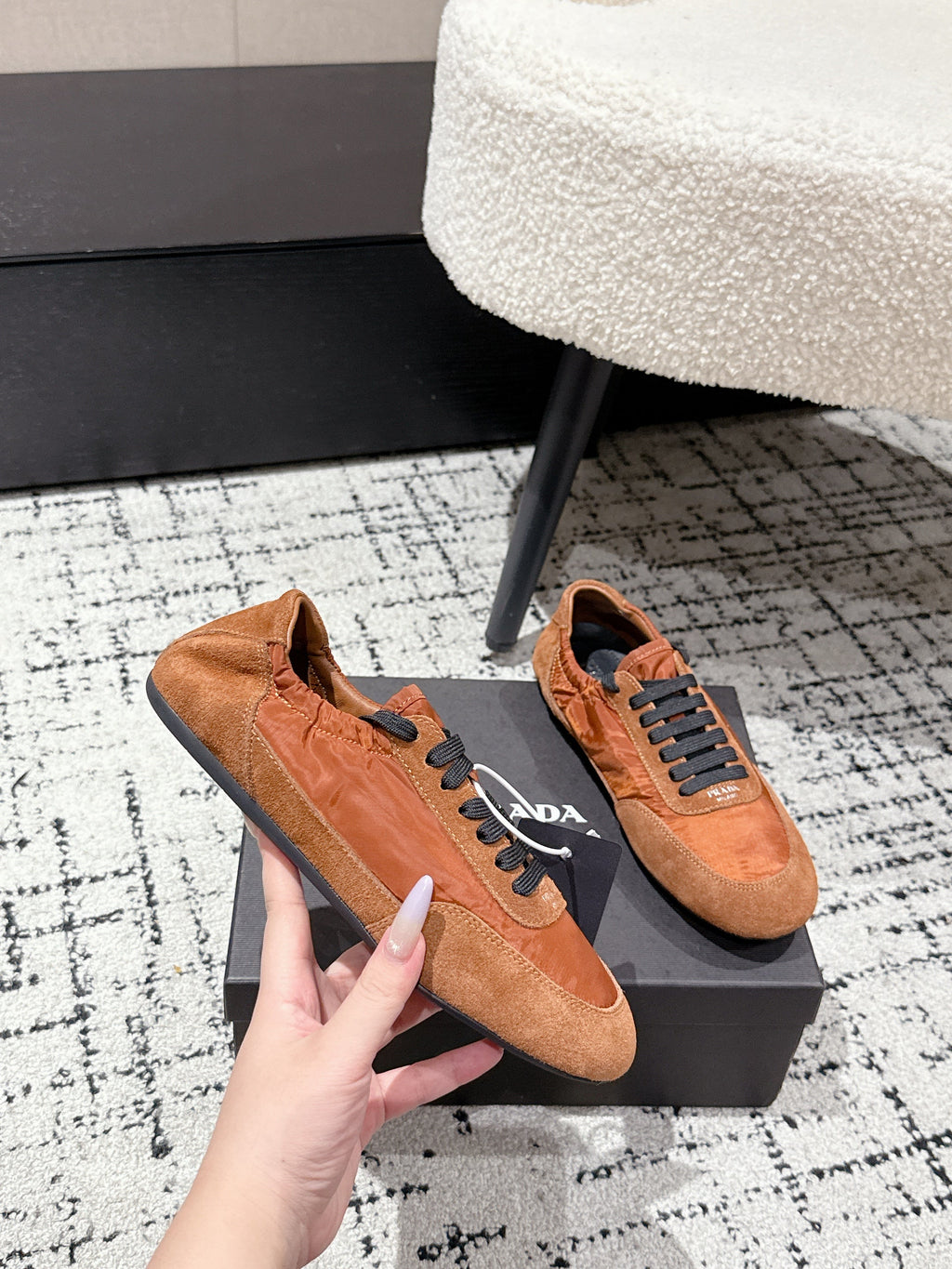 PRADA 25S COLLAPSE SNEAKERS IN BURNT ORANGE RE NYLON AND SUEDE