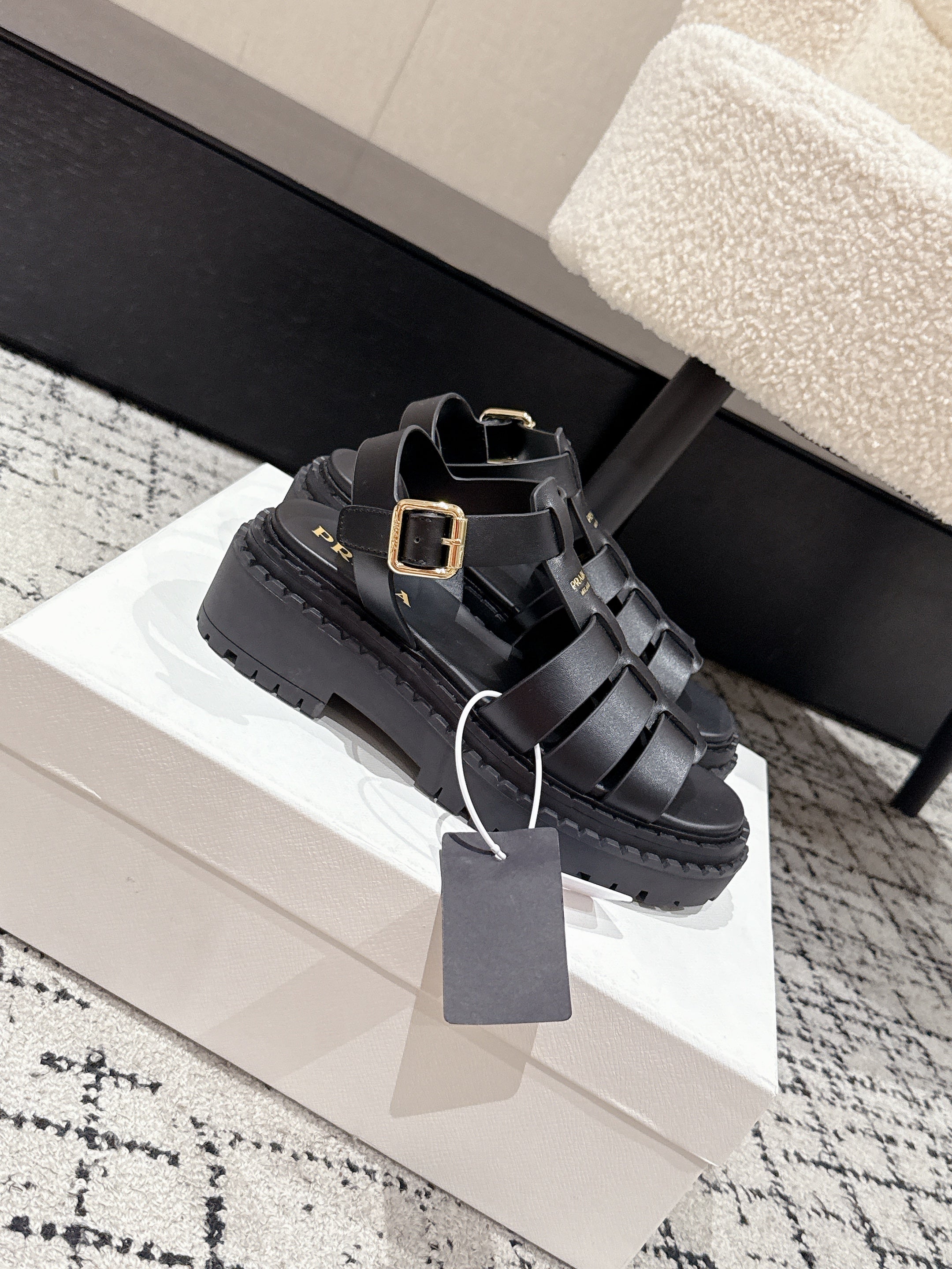 PRADA 25S FISHERMAN OPEN TOE SANDALS IN BLACK CALFSKIN