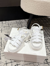 PRADA 25S FISHERMAN OPEN TOE SANDALS IN WHITE CALFSKIN
