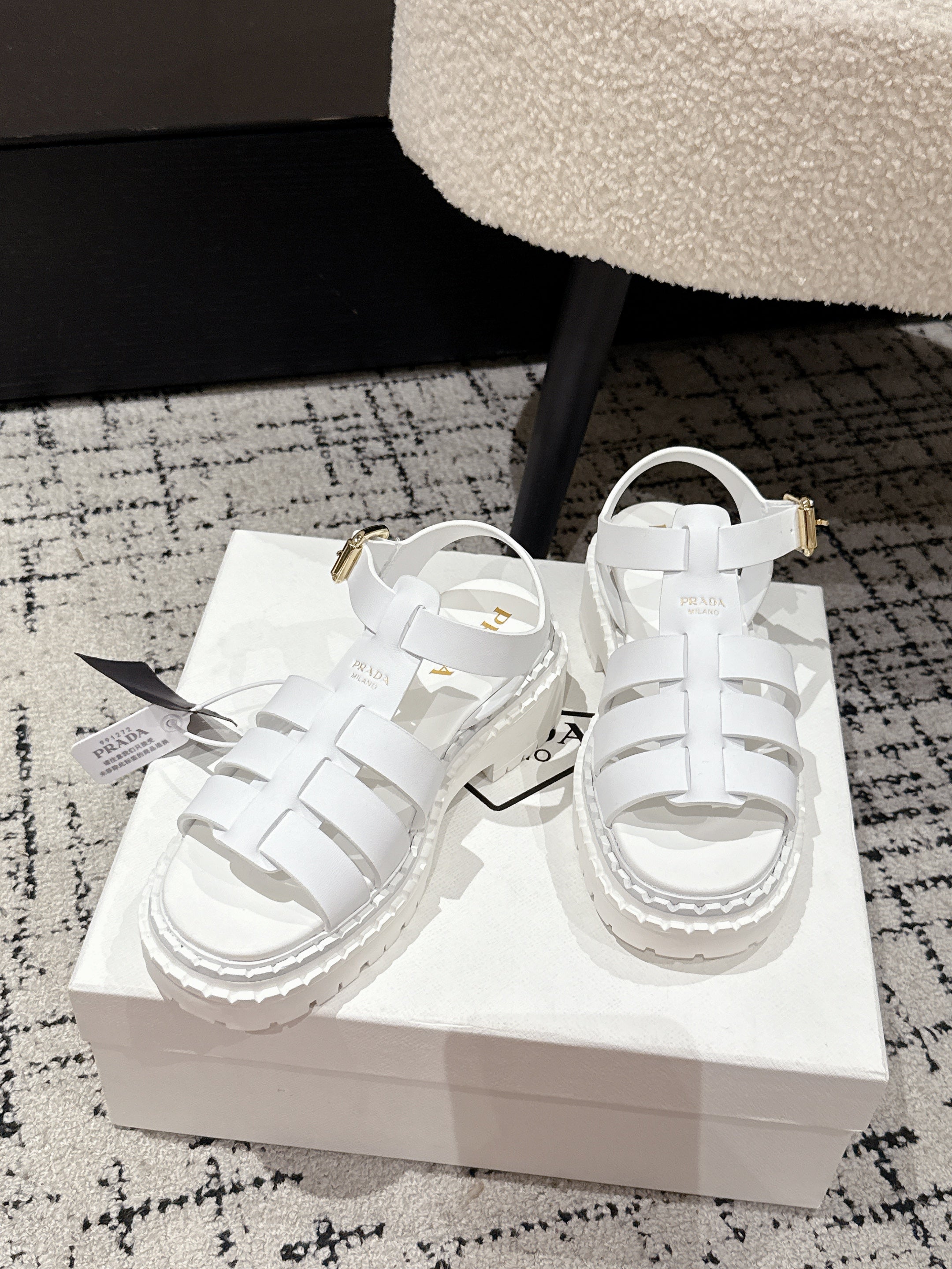 PRADA 25S FISHERMAN OPEN TOE SANDALS IN WHITE CALFSKIN