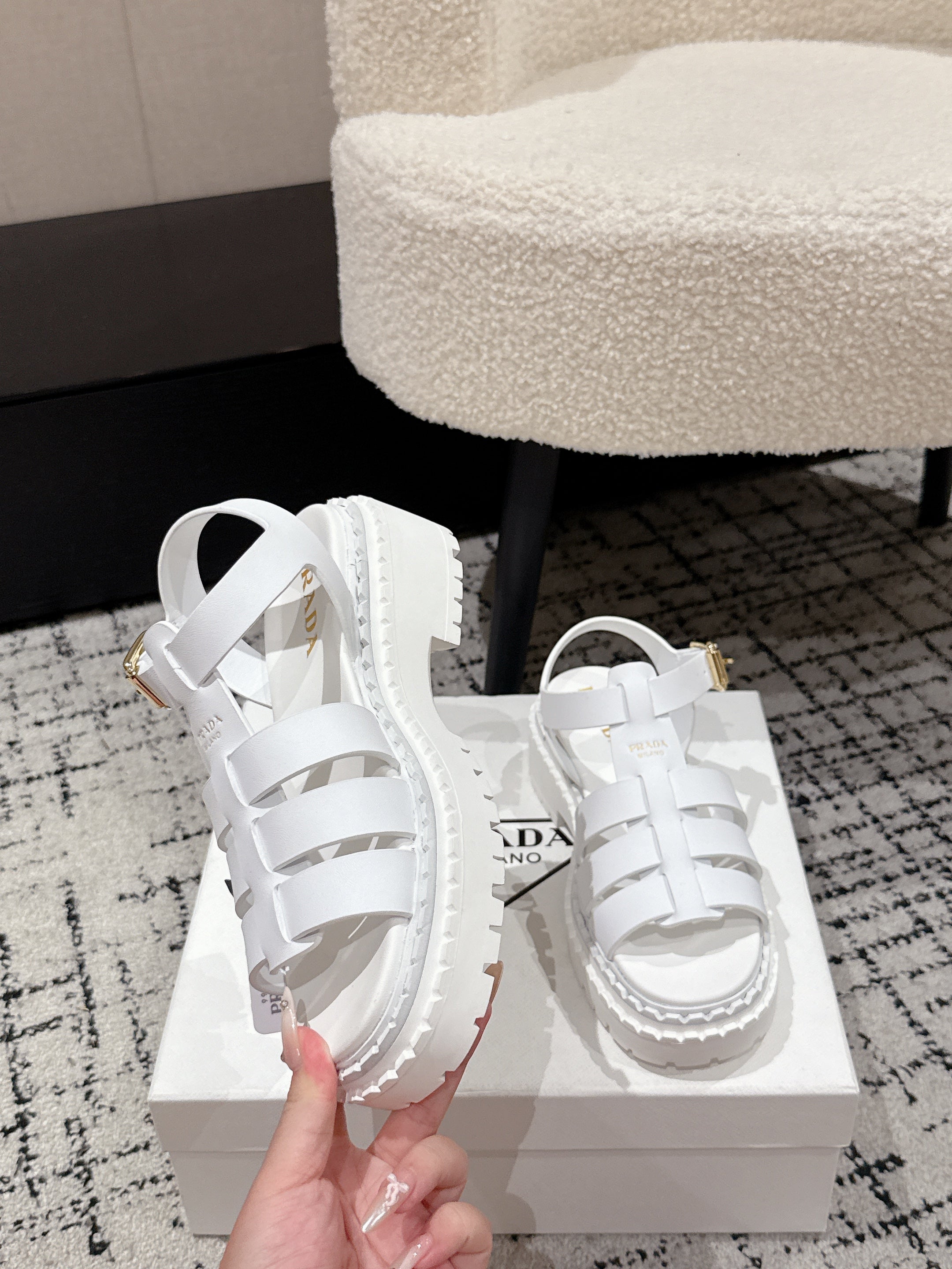 PRADA 25S FISHERMAN OPEN TOE SANDALS IN WHITE CALFSKIN